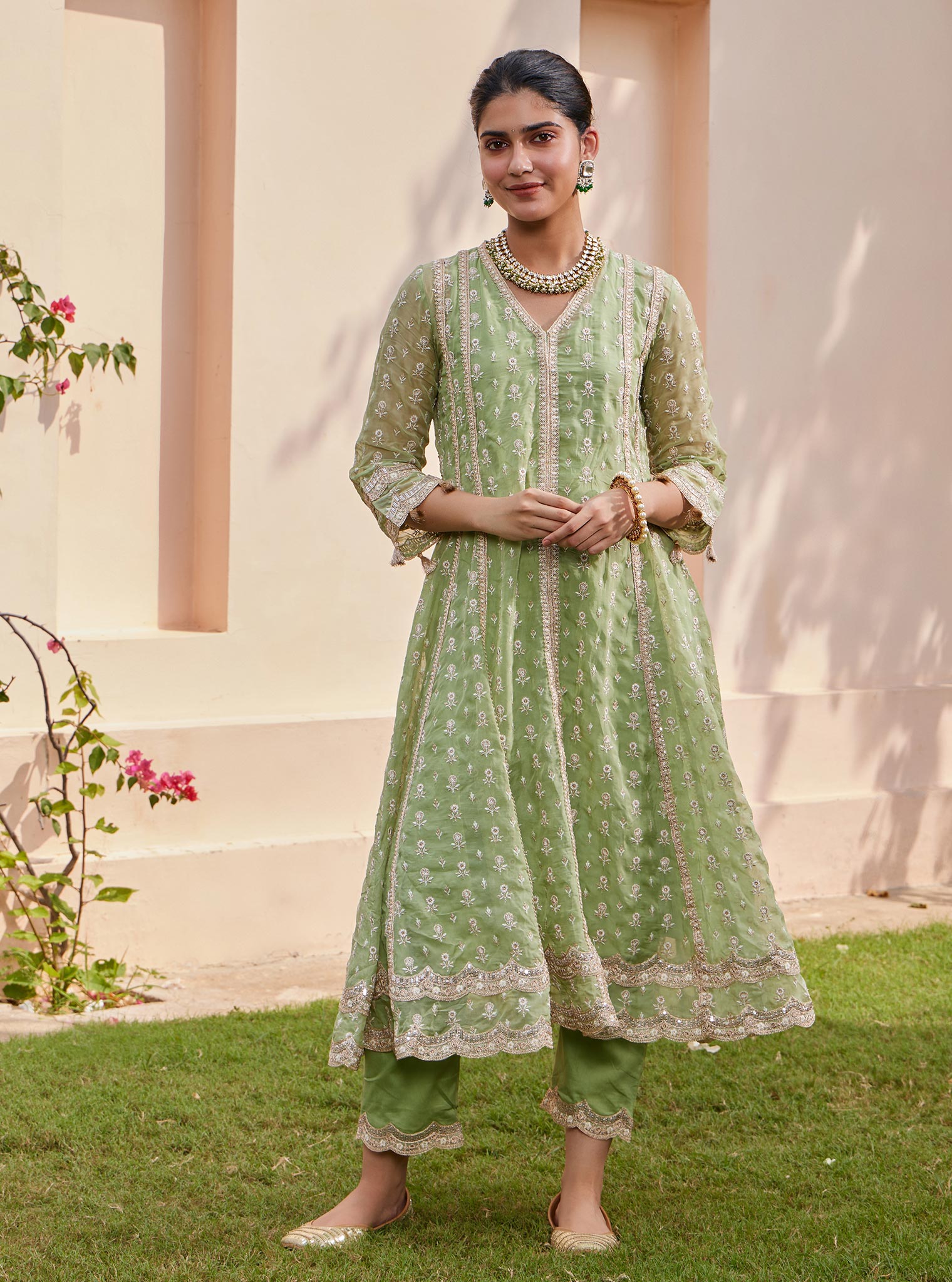 Mulmul Organza Smera Anarkali Green Kurta with Mulmul Pima Smera Green Pant