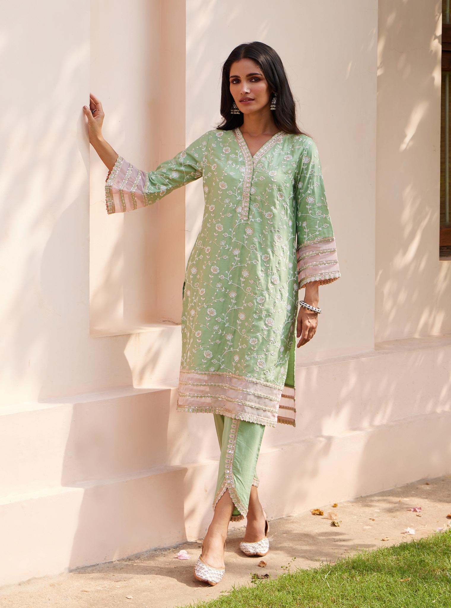 Mulmul Pima Drita Green Kurta with Mulmul Pima Drita Green Pant