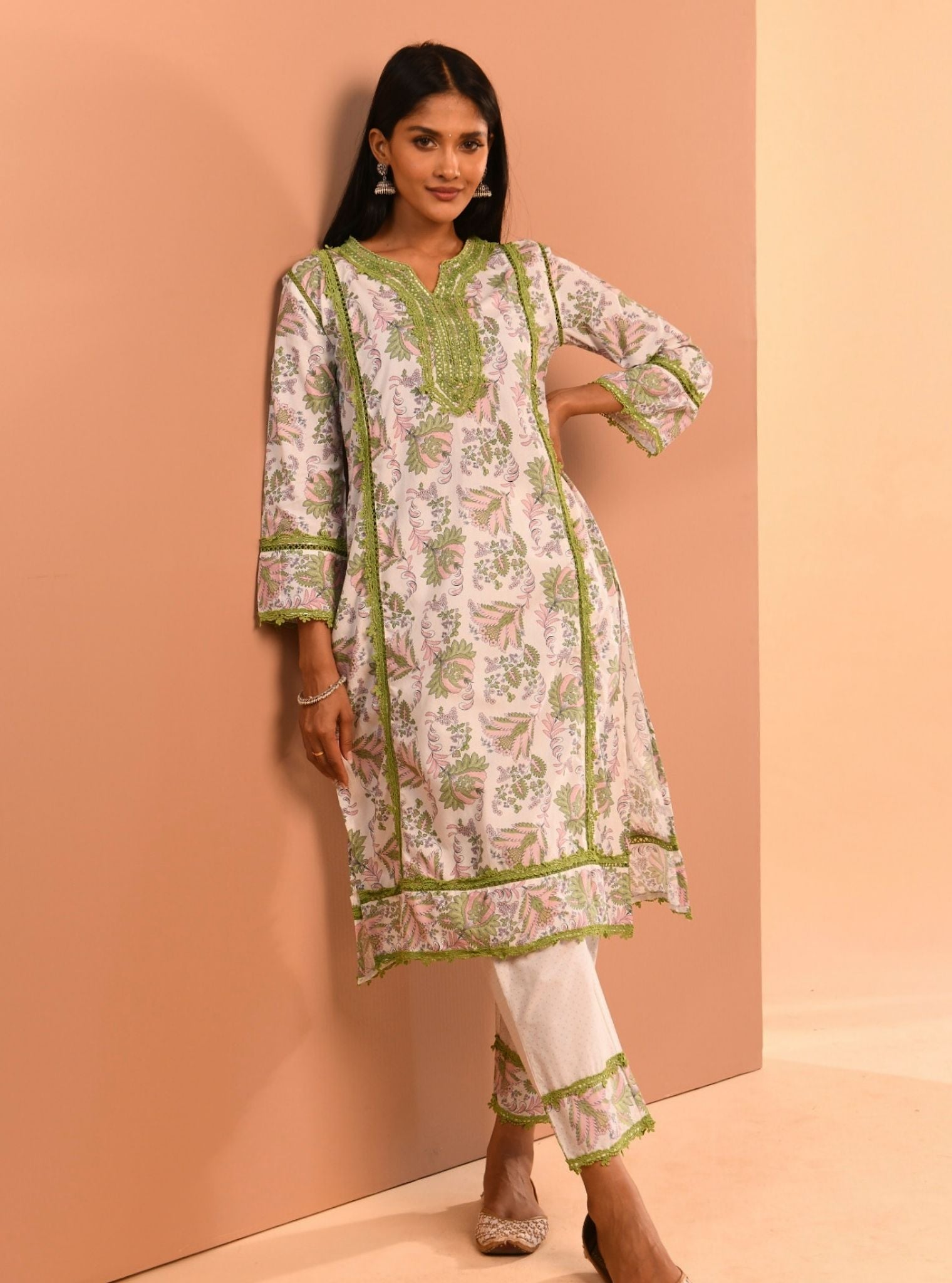 Mulmul Cotton Esti Green Kurta With Mulmul Esti Green Pant