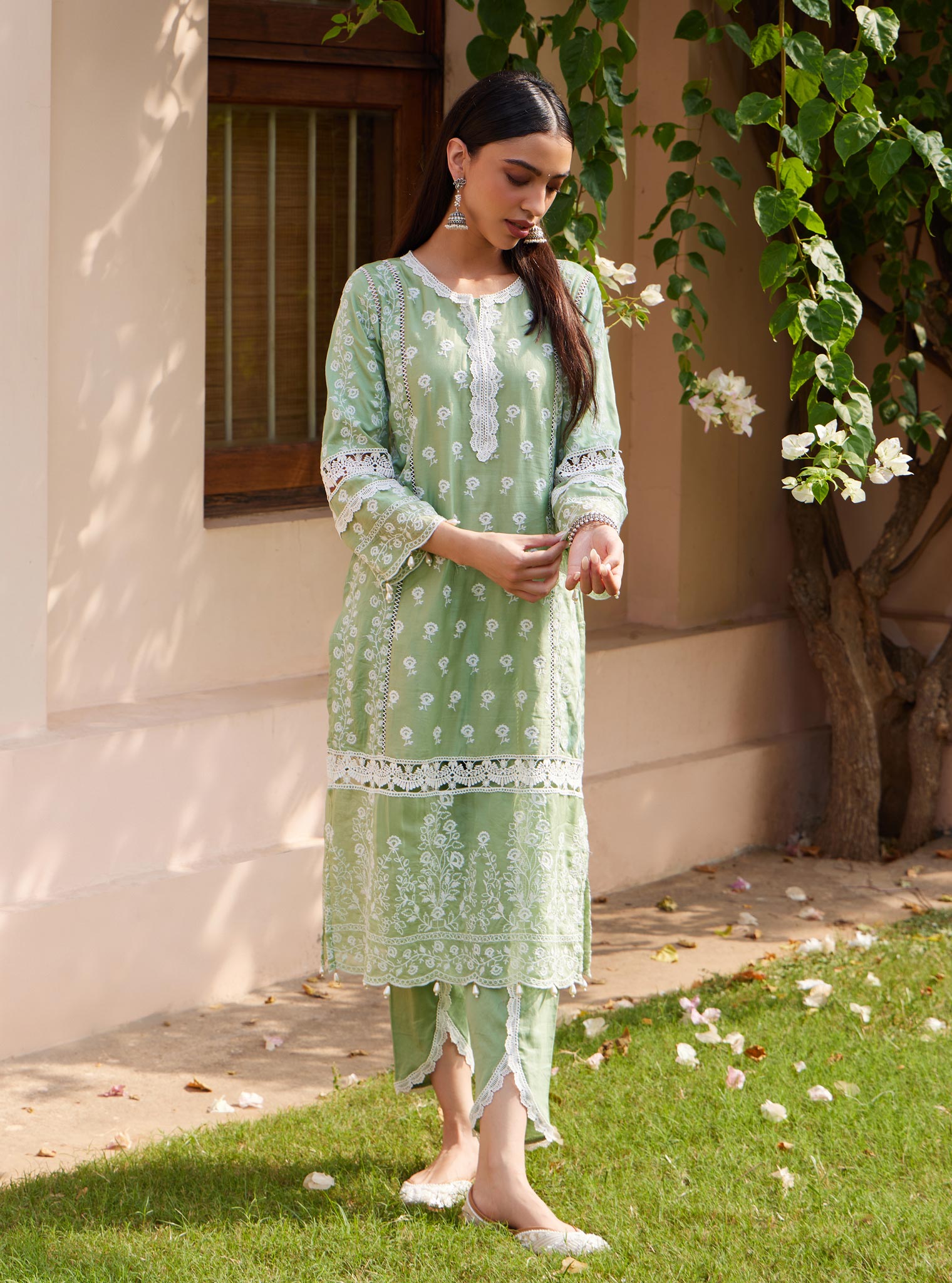 Mulmul Pima Svasti Green Kurta with Mulmul Pima Svasti Green Pant