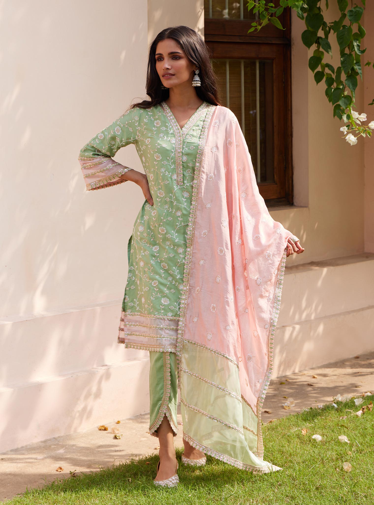 Mulmul Pima Drita Green Kurta with Mulmul Pima Drita Green Pant