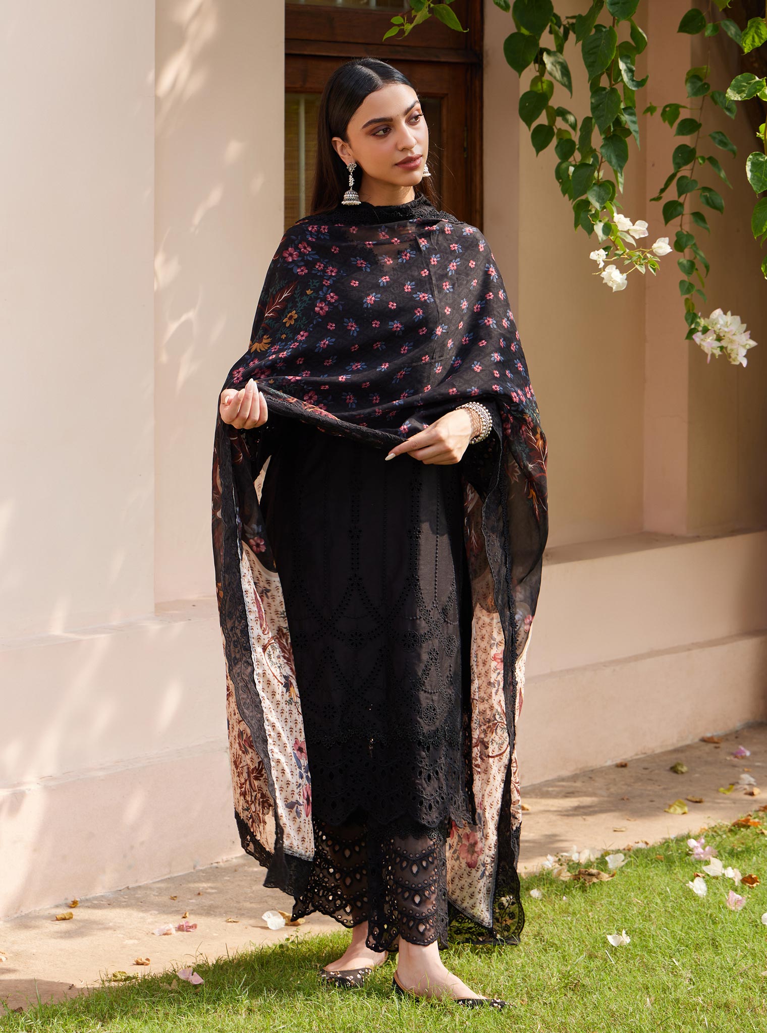 Mulmul Pima Vachi Black Kurta with Mulmul Pima Vachi Black Pant