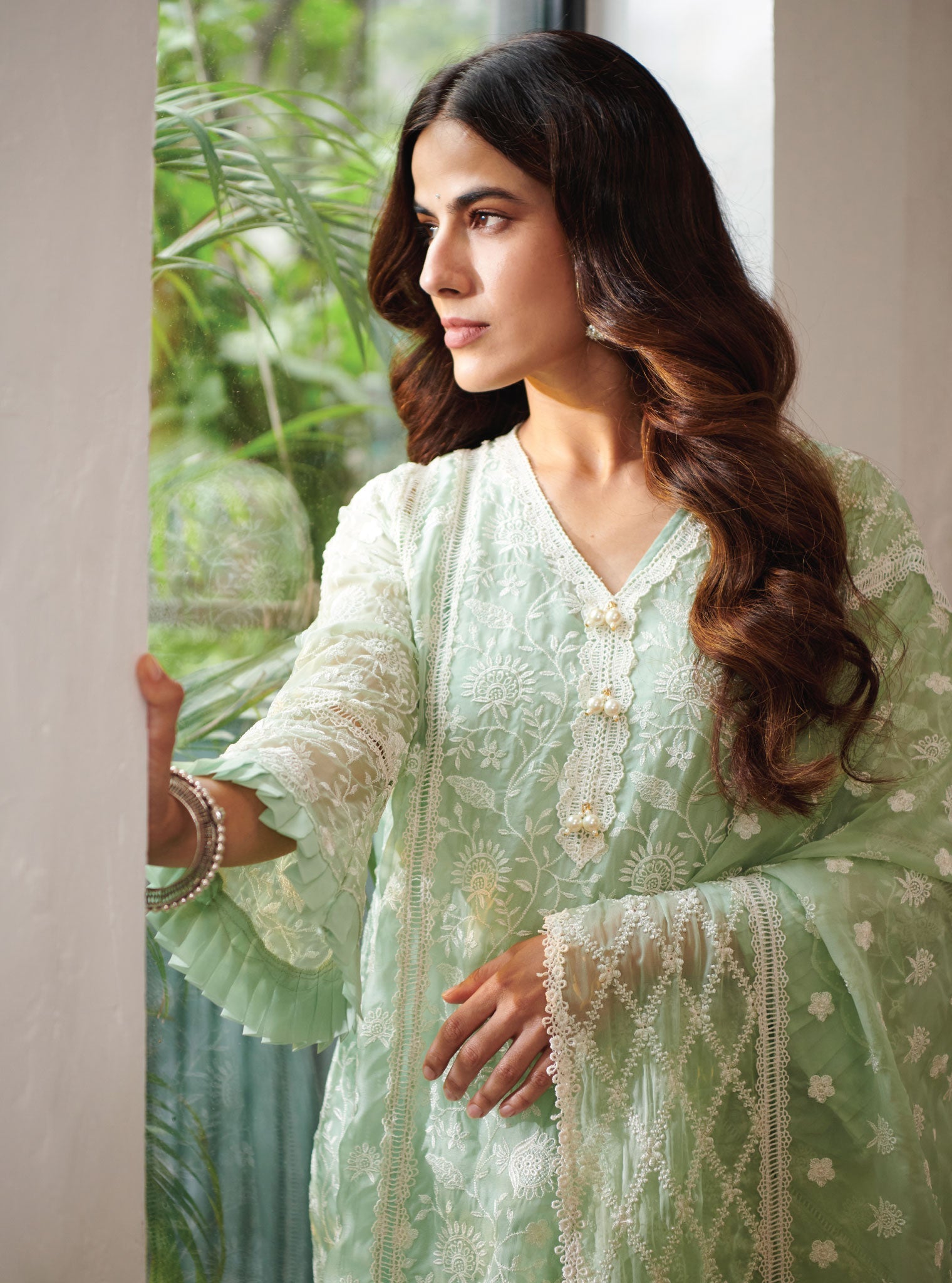 Mulmul Organza Dorset Green Kurta With Cotton Dorset Green Pant