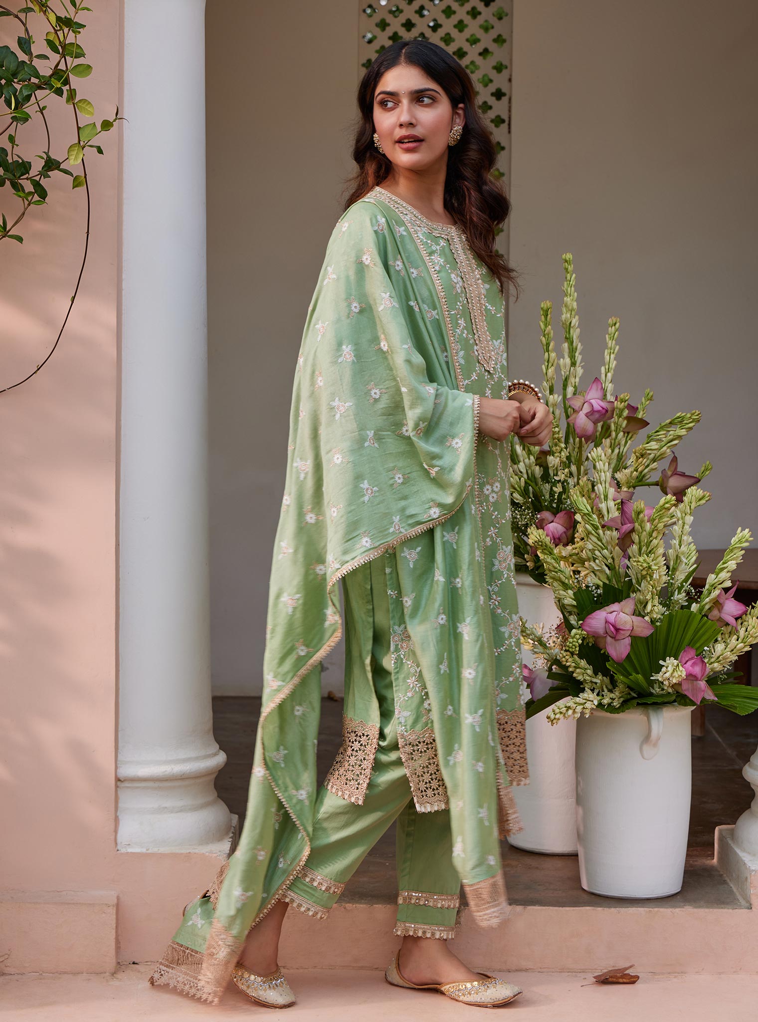 Mulmul Pima Agasti Green Kurta with Mulmul Pima Agasti Green Pant