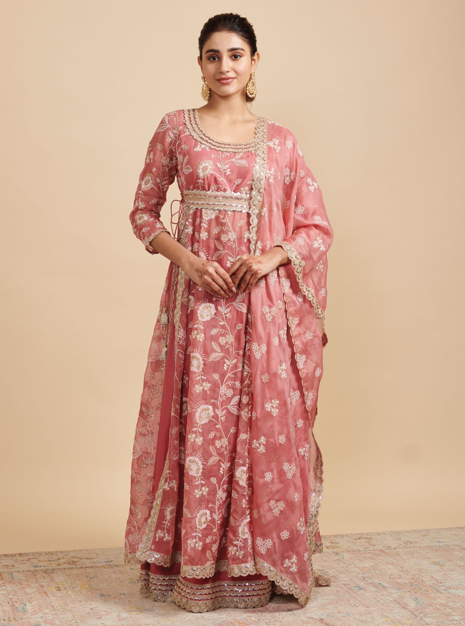 Mulmul Organza Masakali Mauve Long Kurta With Mulmul Cupro Masakali Mauve Skirt