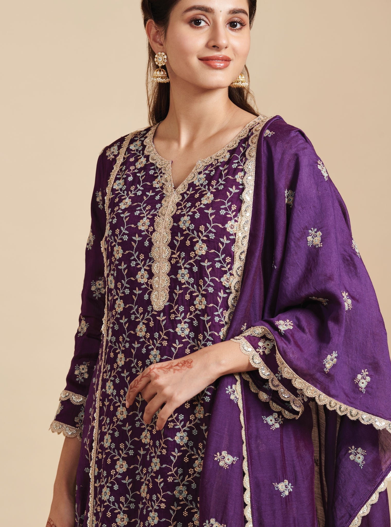 Mulmul Silk Kaashni Purple Kurta With Mulmul Silk Kaashni Purple Pant