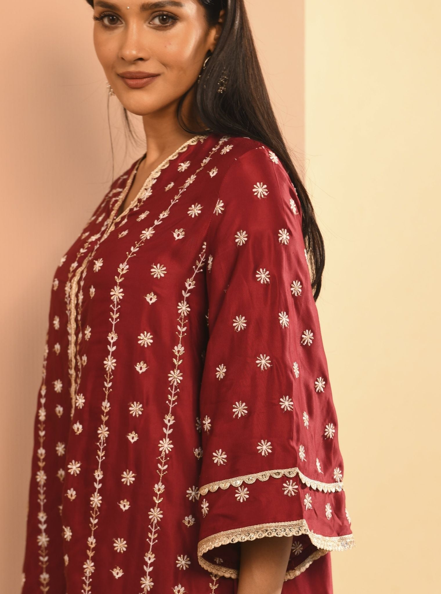 Mulmul Cupro Amara Wine Kurta With Mulmul Cupro Amara Wine Dhoti Pant