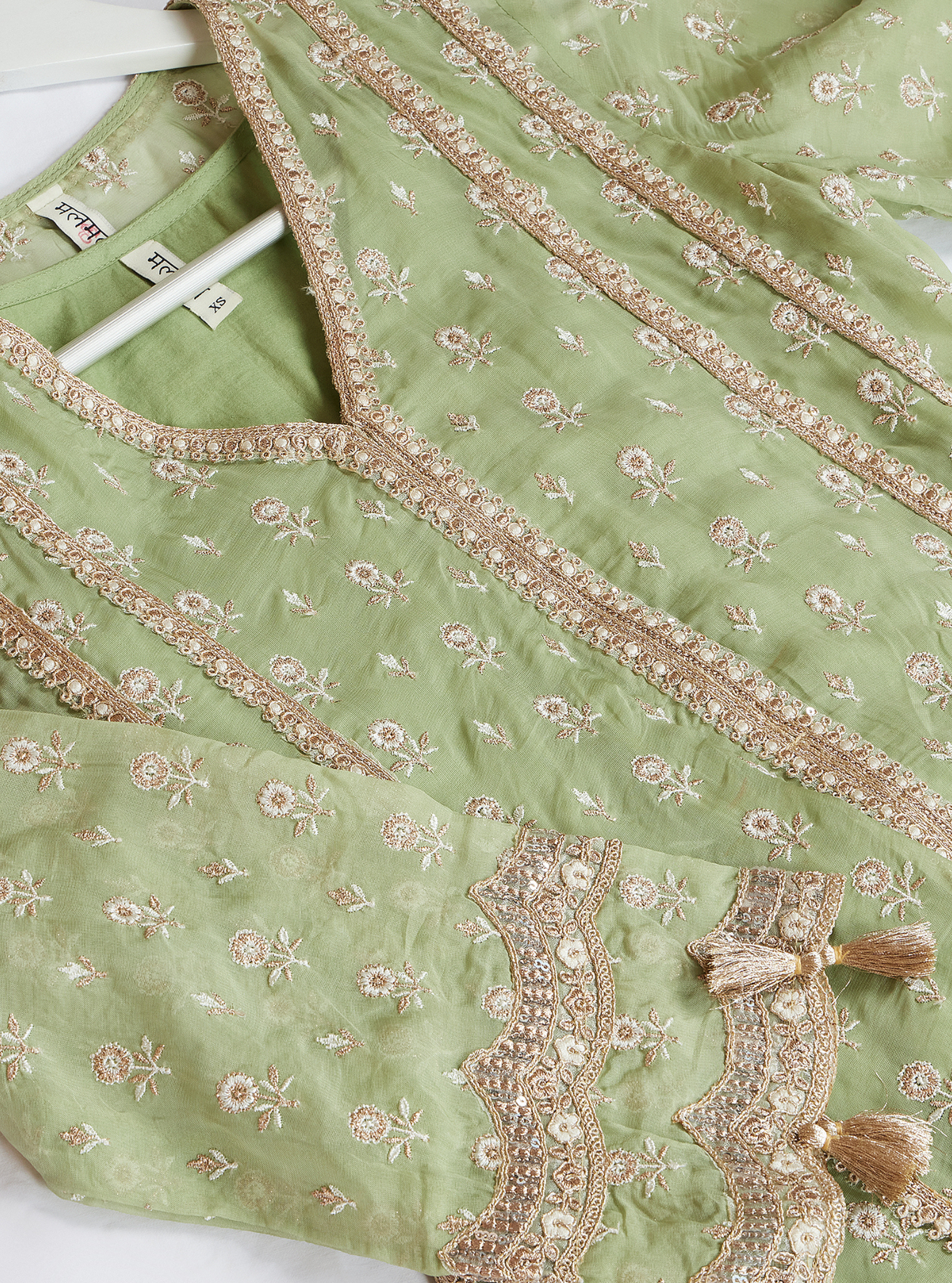 Mulmul Organza Smera Anarkali Green Kurta with Mulmul Pima Smera Green Pant