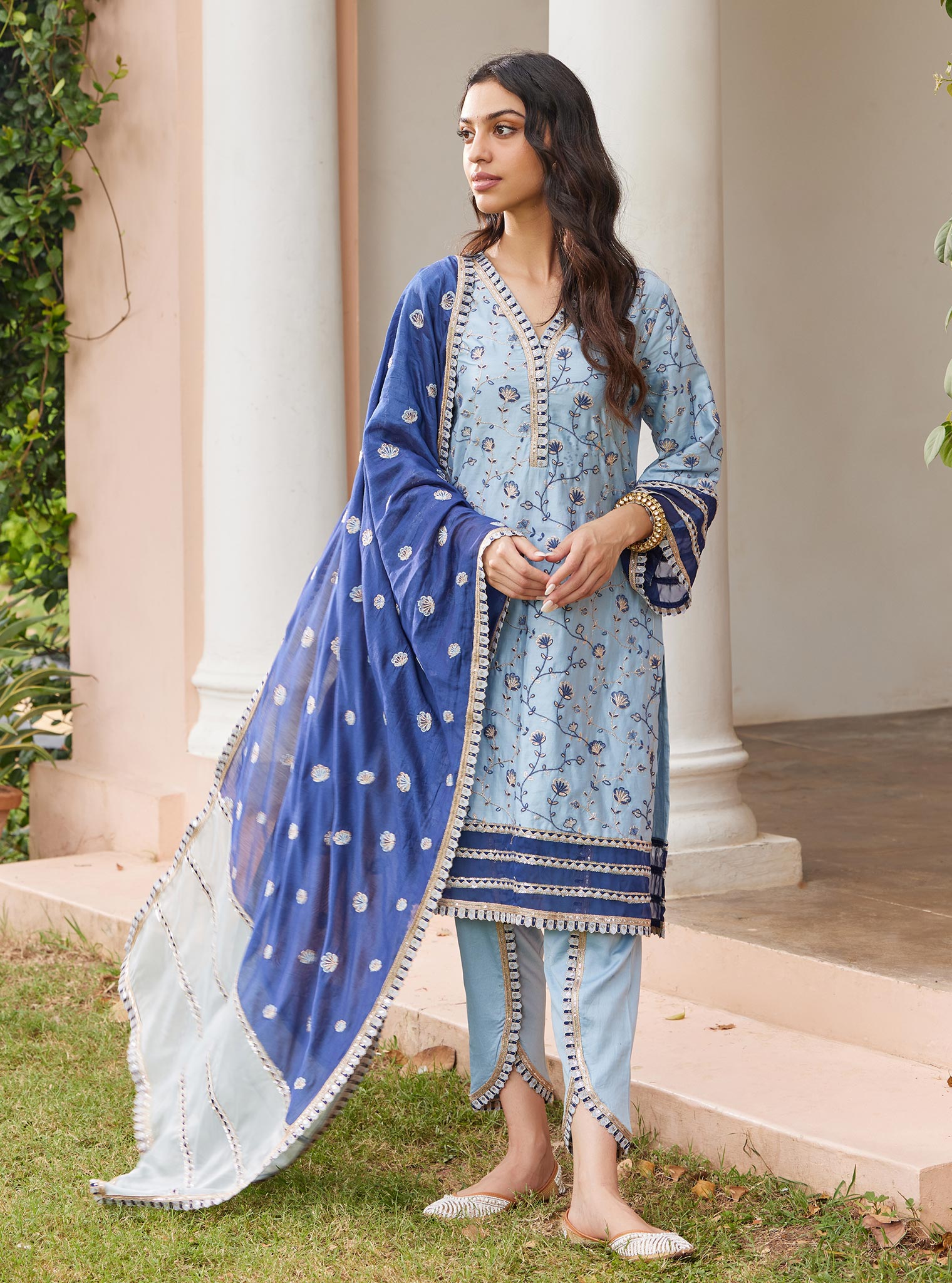 Mulmul Pima Drita Blue Kurta with Mulmul Pima Drita Blue Pant