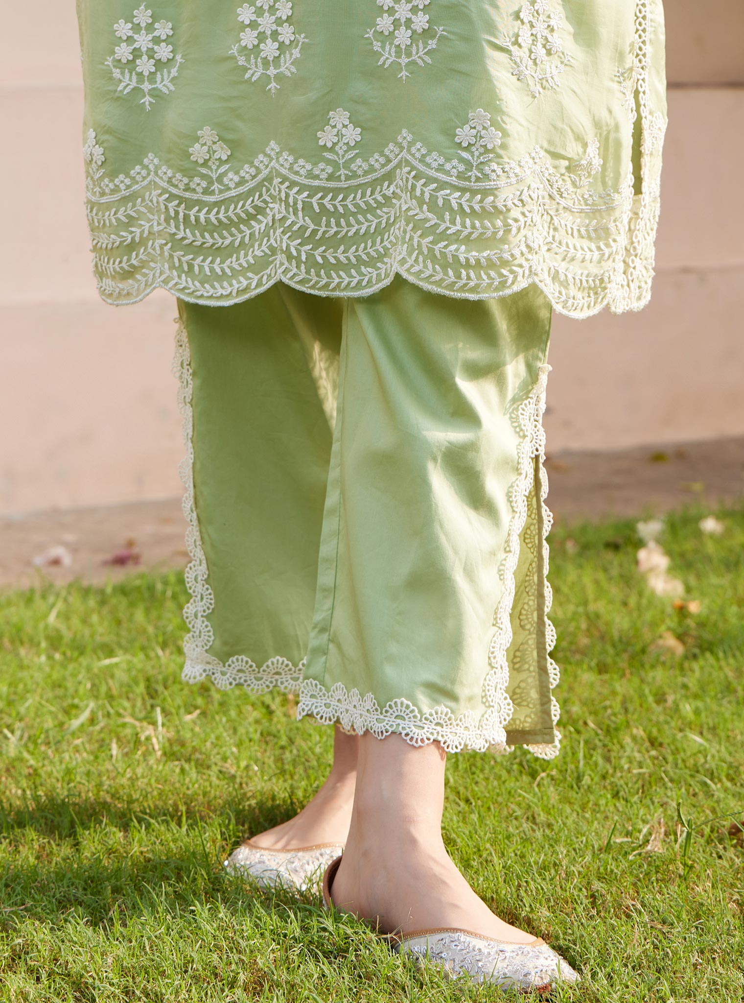 Mulmul Organza Aruni Green Kurta with Mulmul Pima Aruni Green Pant