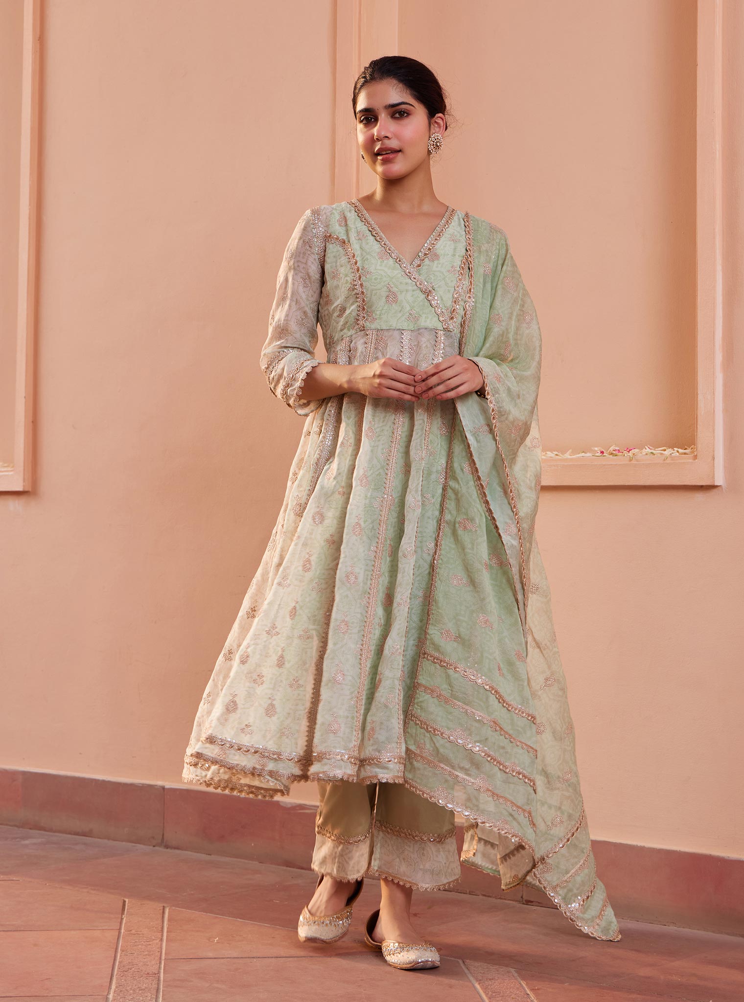 Mulmul Organza Vamsi Anarkali Green Kurta with Mulmul Pima Vamsi Green Pant