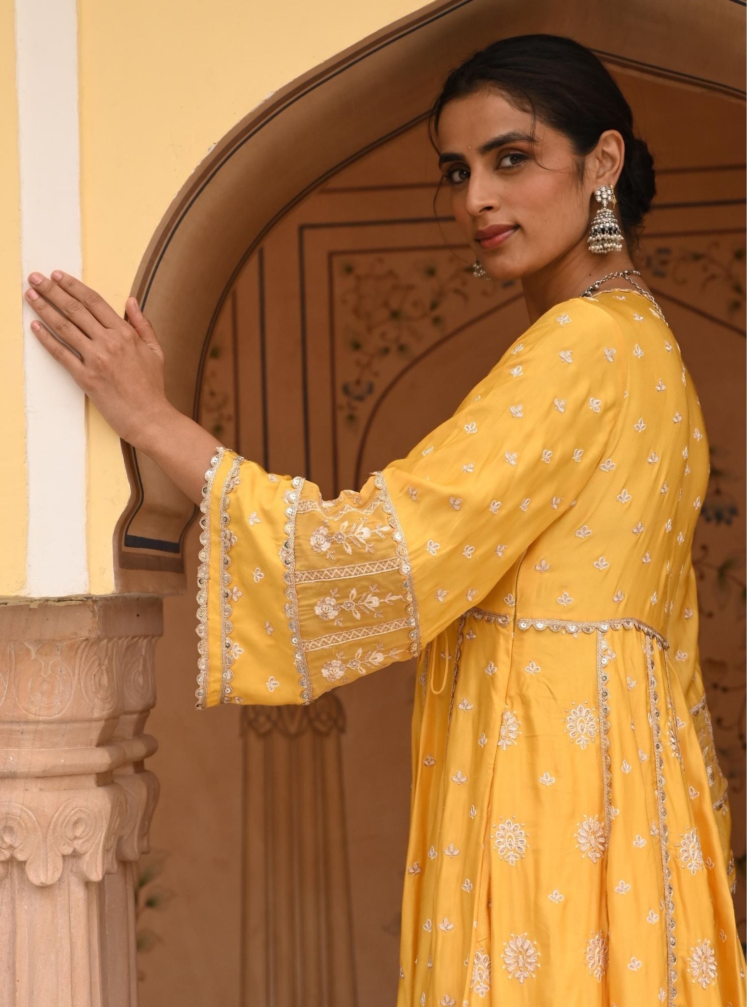 Mulmul Modal Satin Chaiyya Yellow Anarkali Kurta with Mulmul Modal Satin Chaiyya Yellow Pant