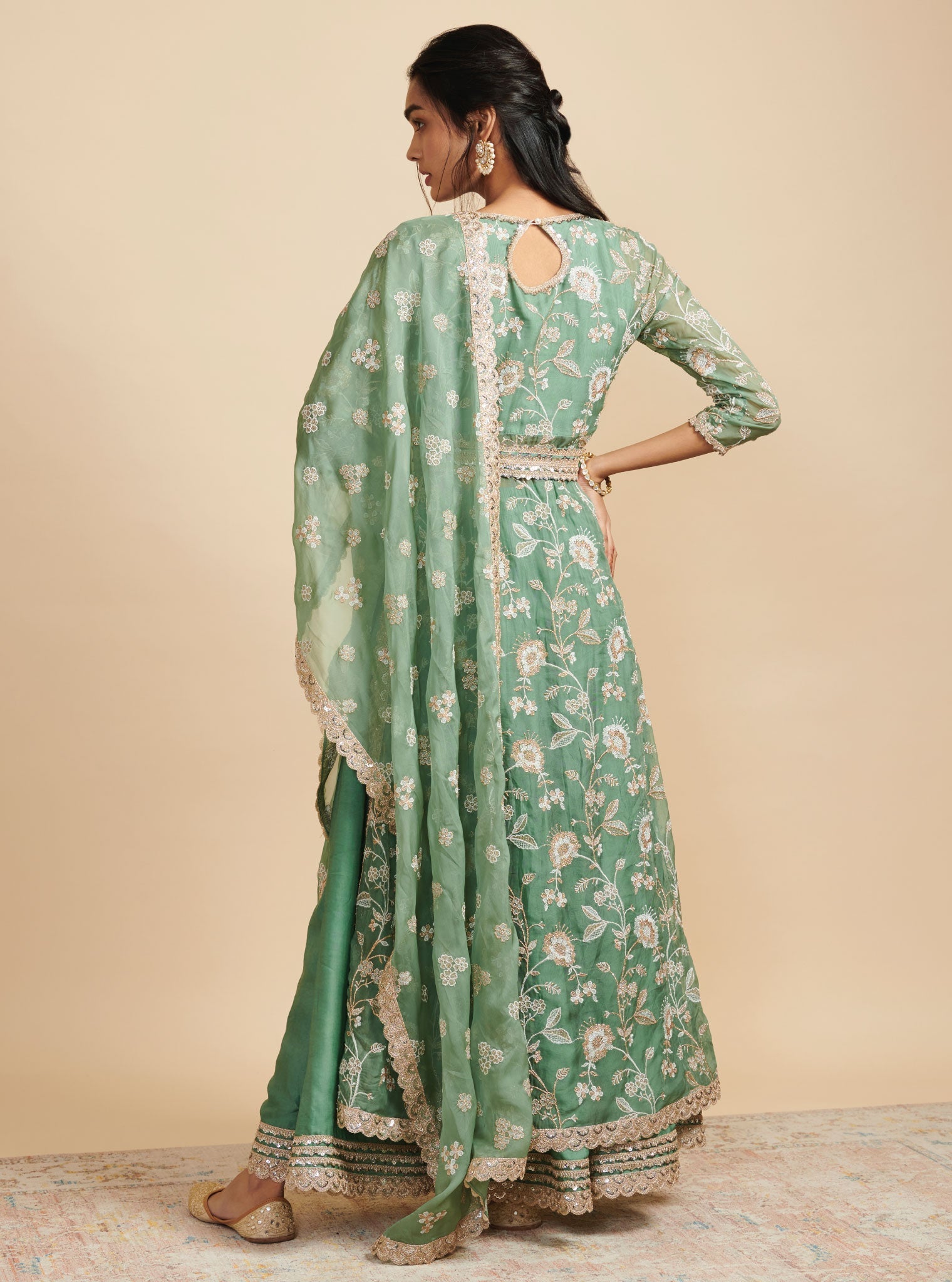 Mulmul Organza Masakali Green Long Kurta With Mulmul Cupro Masakali Green Skirt