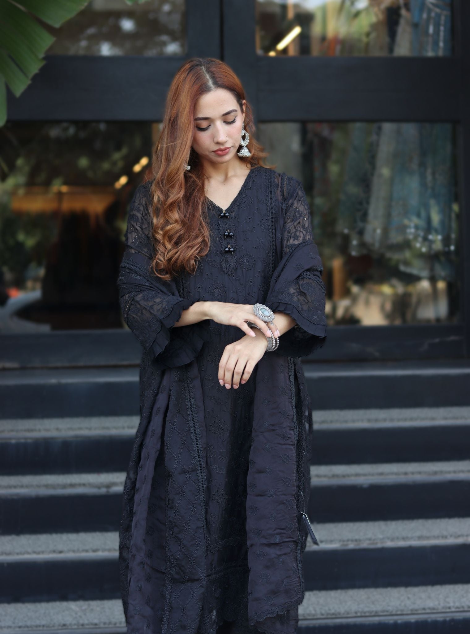 Mulmul Organza Dorset Black Kurta With Cotton Dorset Black Pant