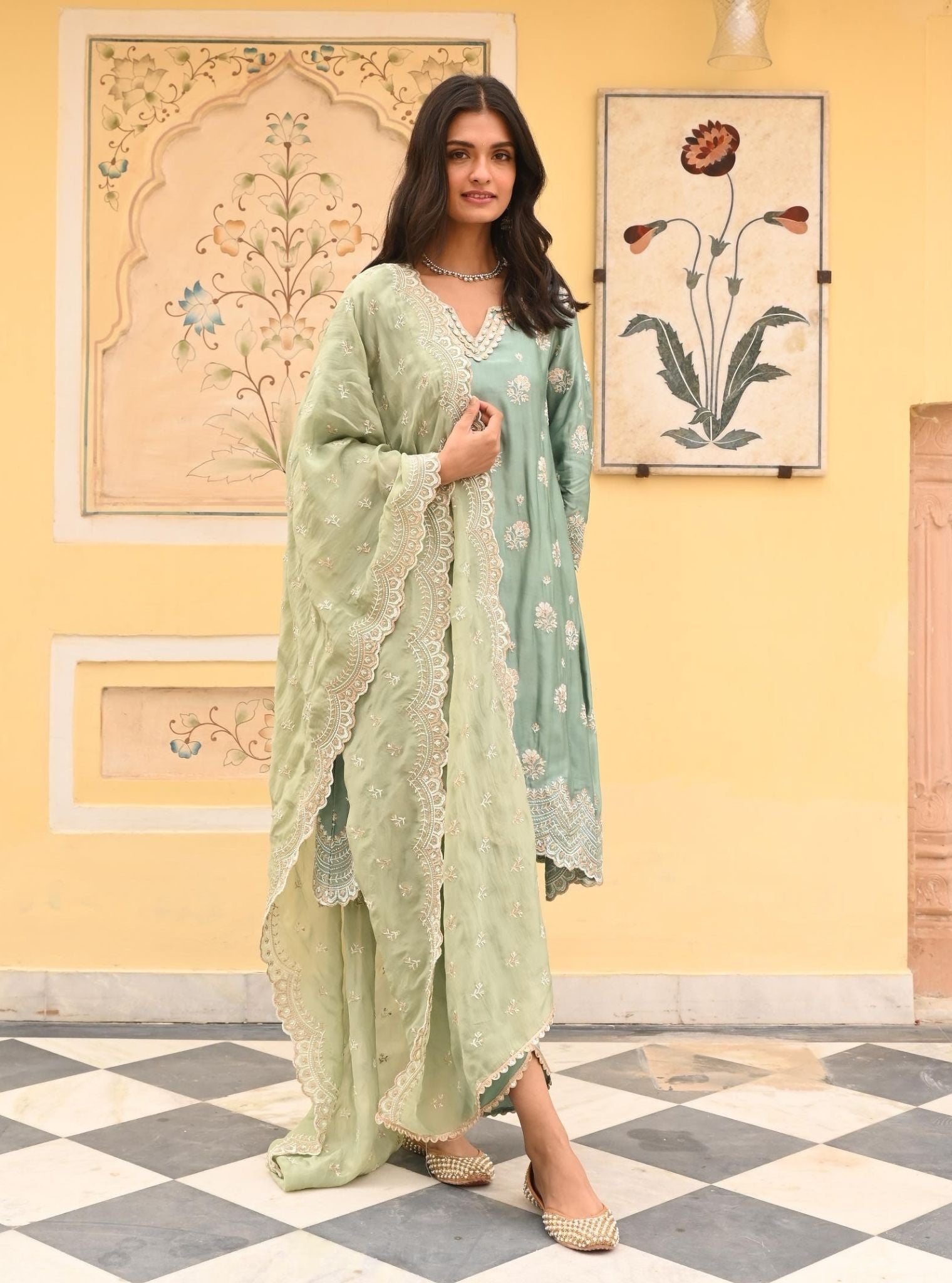 Mulmul Modal Satin Mehar Teal Blue Kurta with Mulmul Modal Satin Mehar Teal Blue Pant