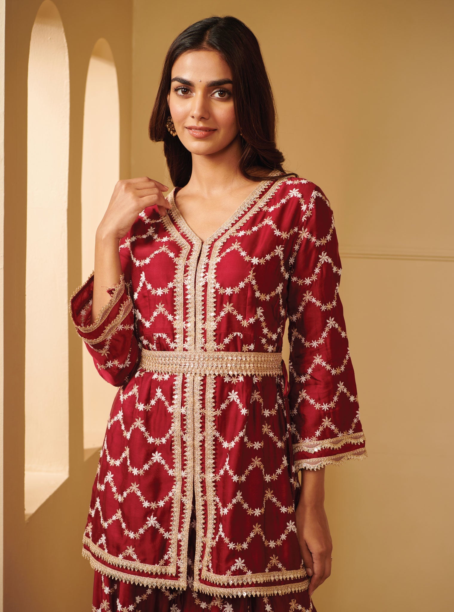 Mulmul Cupro Silk Astita Wine Kurta With Astita Wine Sharara