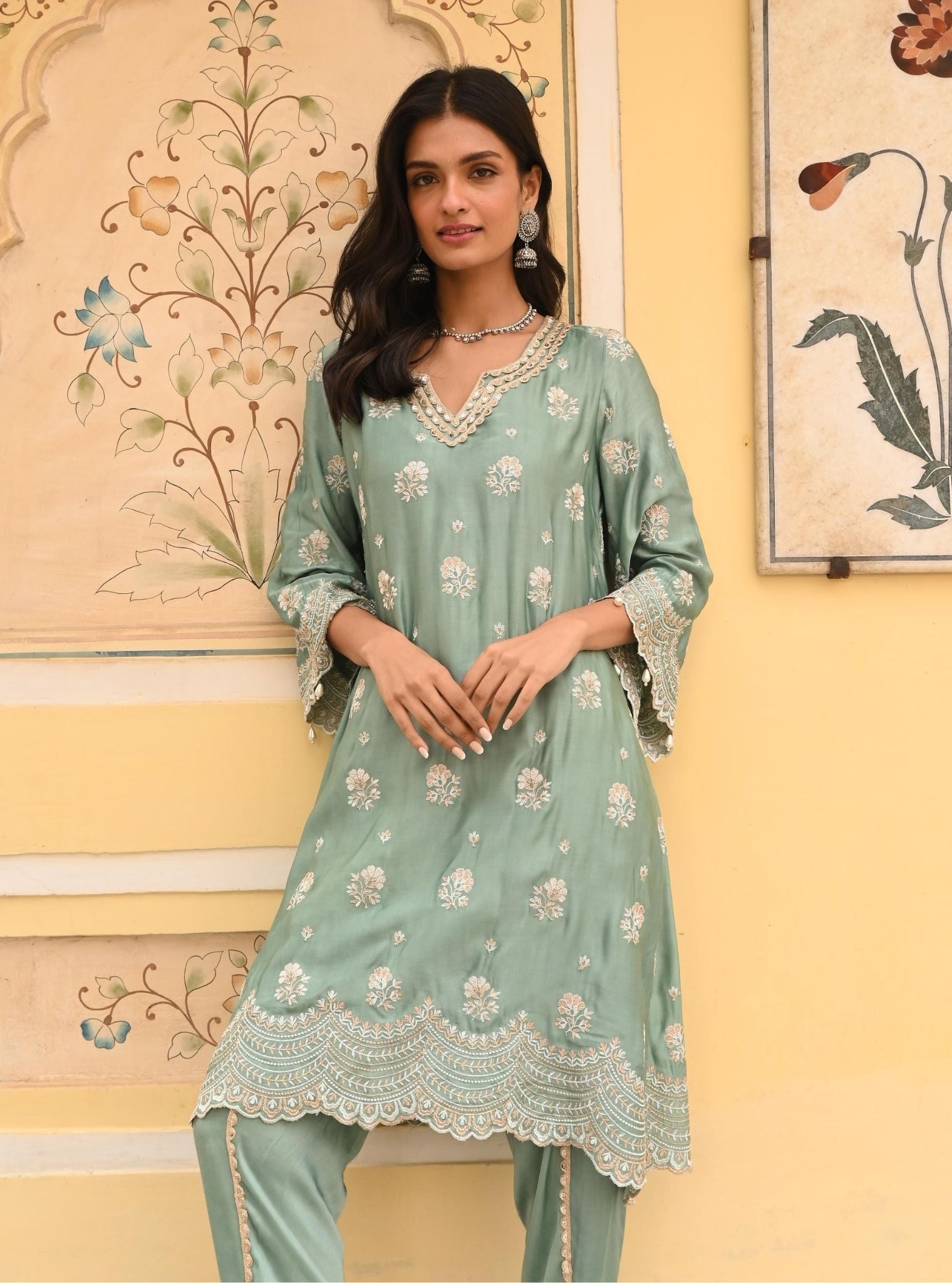 Mulmul Modal Satin Mehar Teal Blue Kurta with Mulmul Modal Satin Mehar Teal Blue Pant