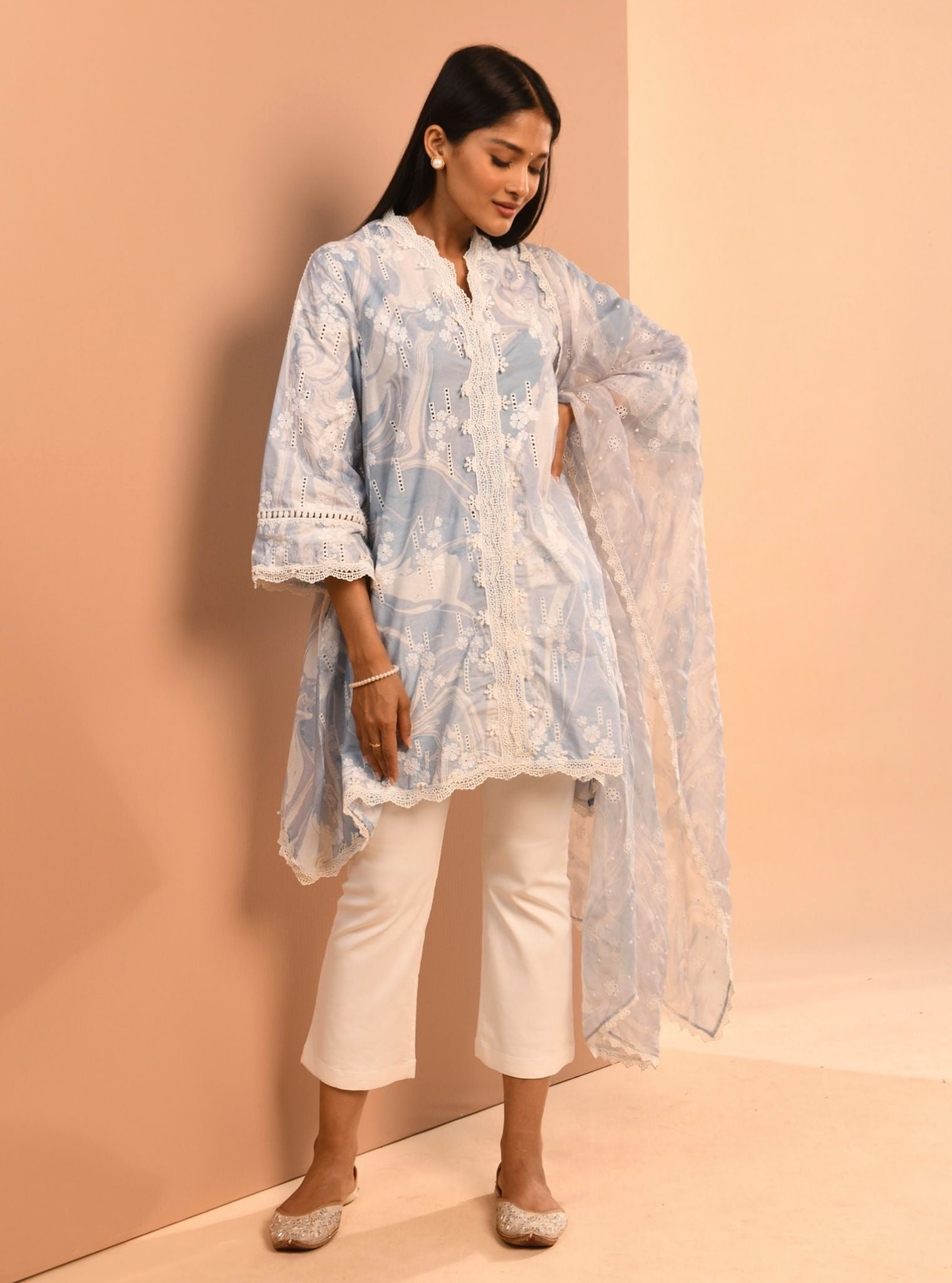 Mulmul Cotton Marble Wyn Blue Kurta