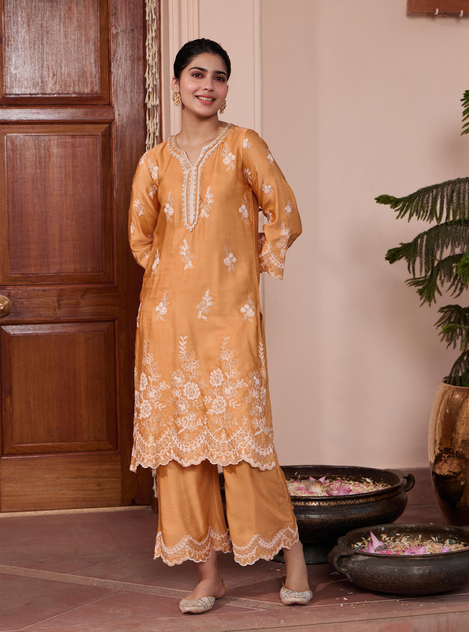 Mulmul Cupro Siya Orange Kurta with Mulmul Cupro Siya Orange Pant