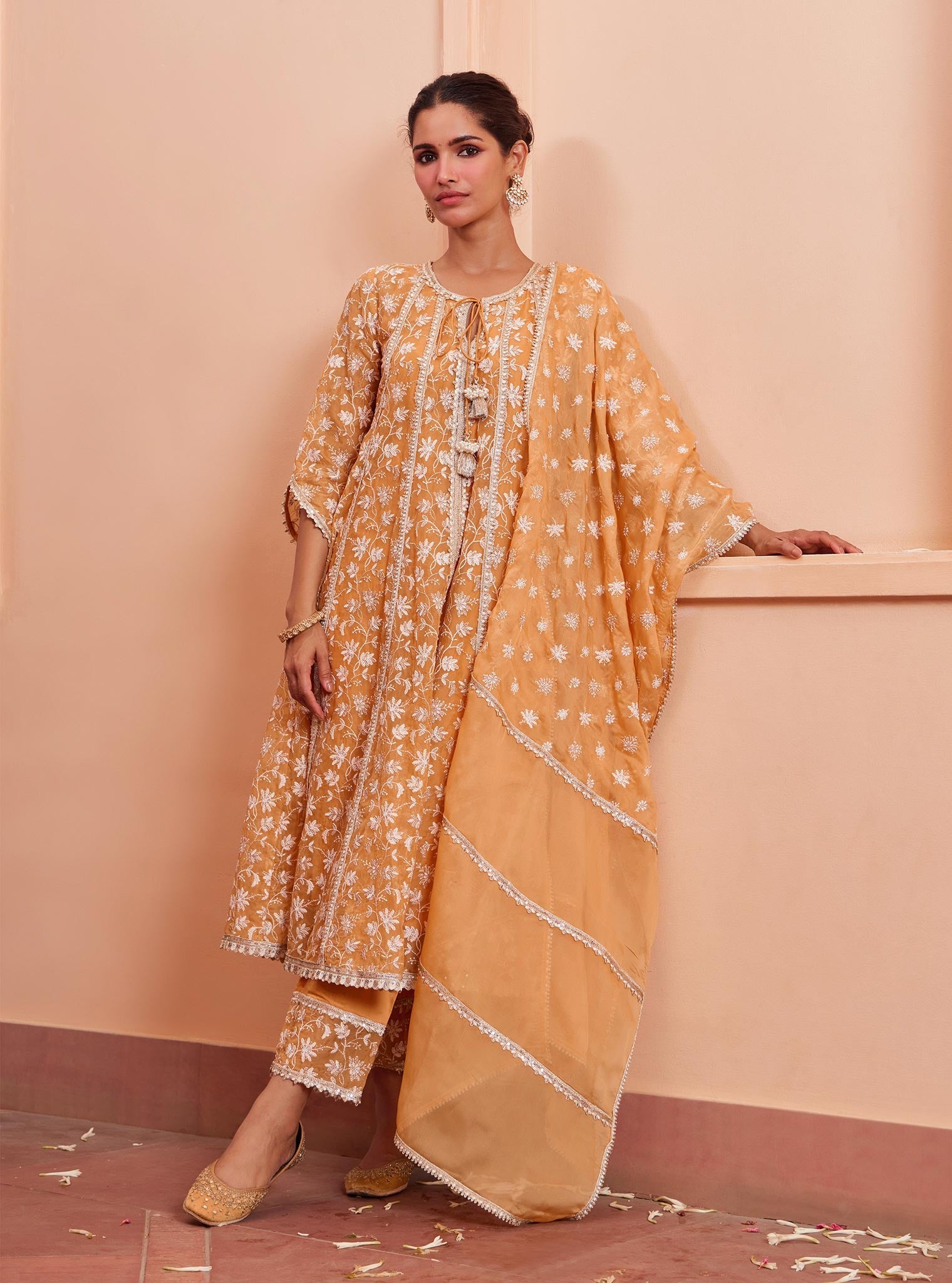 Mulmul Organza Jivya Anarkali Orange Kurta with Mulmul Pima Jivya Orange Pant