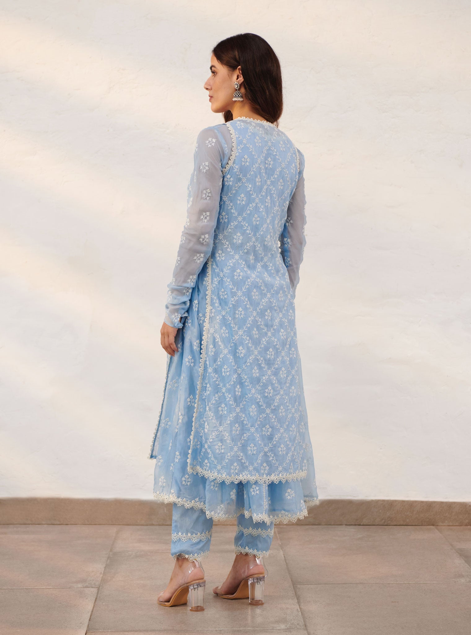 Mulmul Organza Essex Blue Anarkali Kurta with Organza Jacket With Cotton Essex Blue Pant