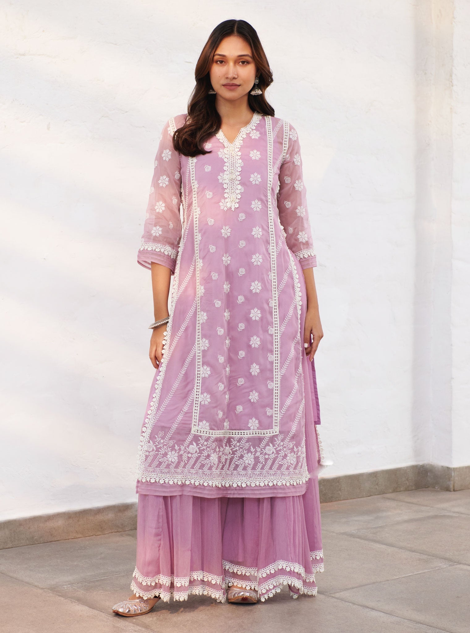 Mulmul Organza Armagh Lilac Kurta With Chiffon Armagh Lilac Sharara