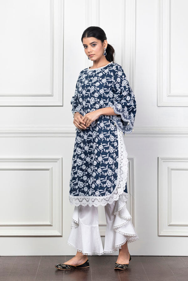 Mulmul Rosebud Navy Blue Kurta With Frill Bell-Bottoms