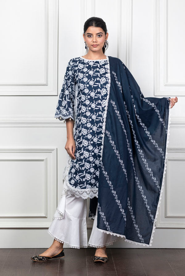 Mulmul Rosebud Navy Blue Kurta With Frill Bell-Bottoms