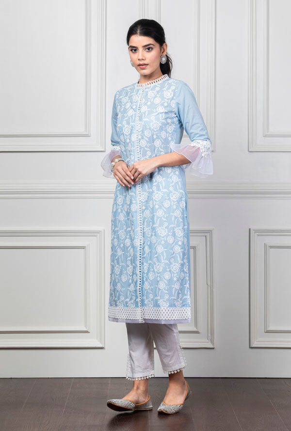 Mulmul Rose Light Blue Kurta with Slit Pyajama