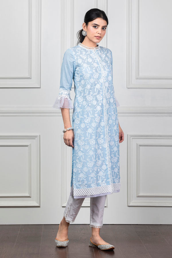 Mulmul Rose Light Blue Kurta with Slit Pyajama