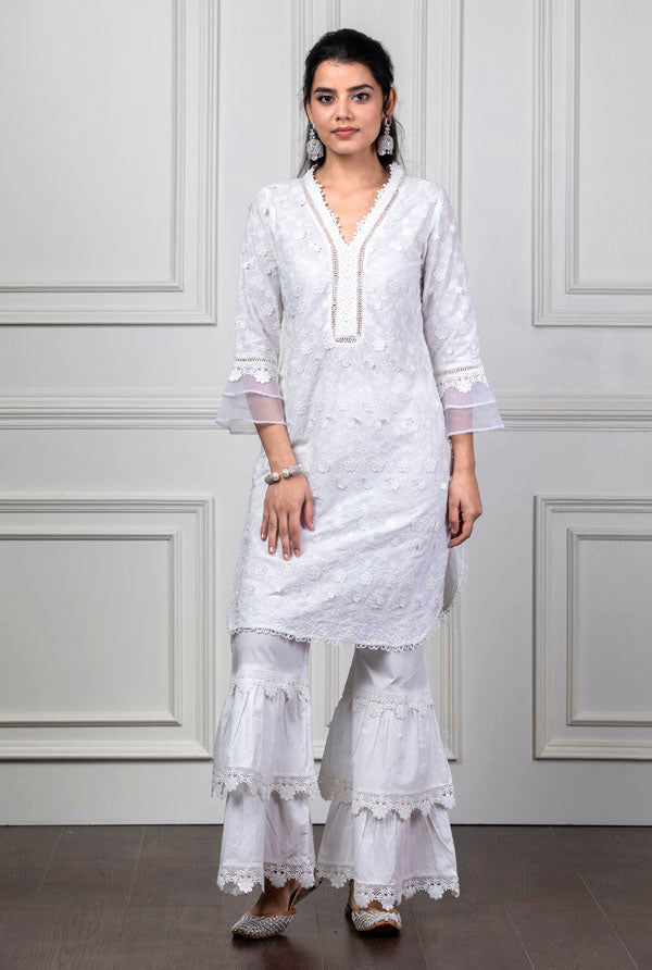 Mulmul Daisy White Kurta With Lace Garara