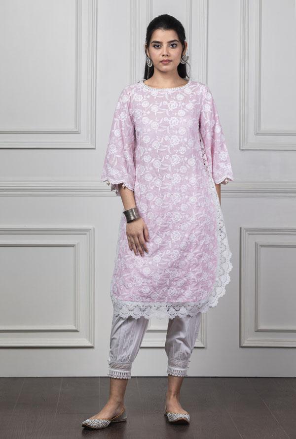 Mulmul Rosebud Pink Kurta With Harem Pyajama