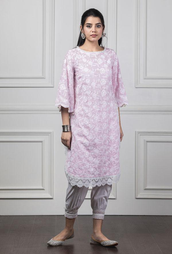 Mulmul Rosebud Pink Kurta With Harem Pyajama