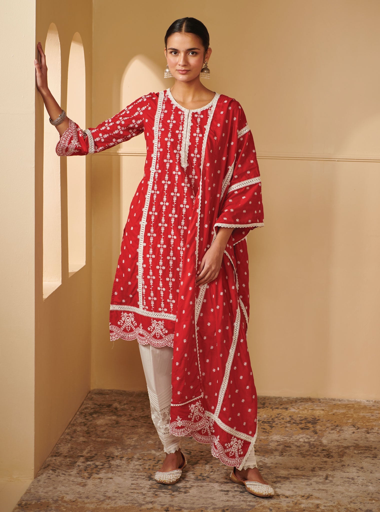 Mulmul Cotton Laiqa Red Kurta