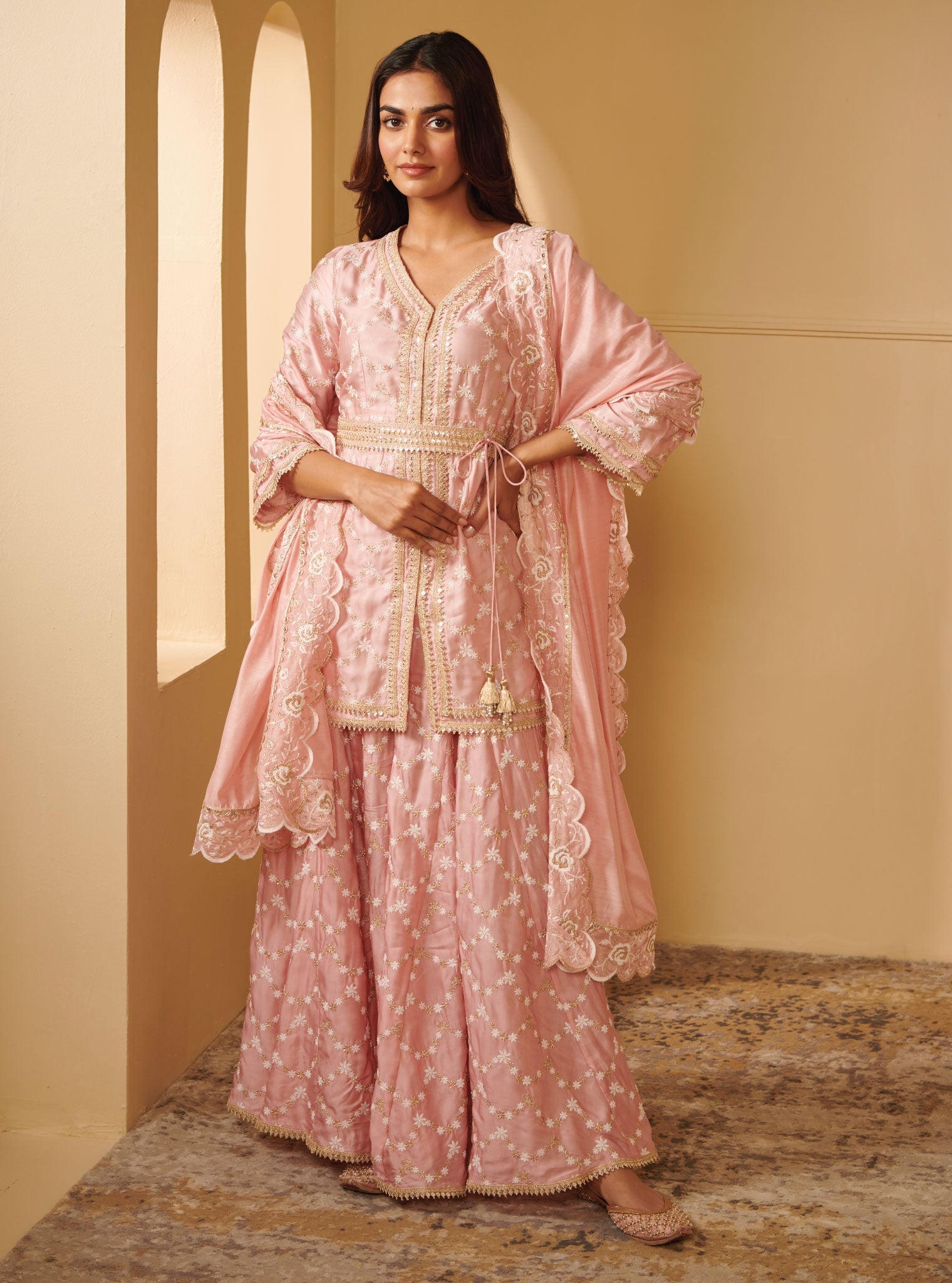 Mulmul Cupro Silk Astita Pink Kurta With Astita Pink Sharara