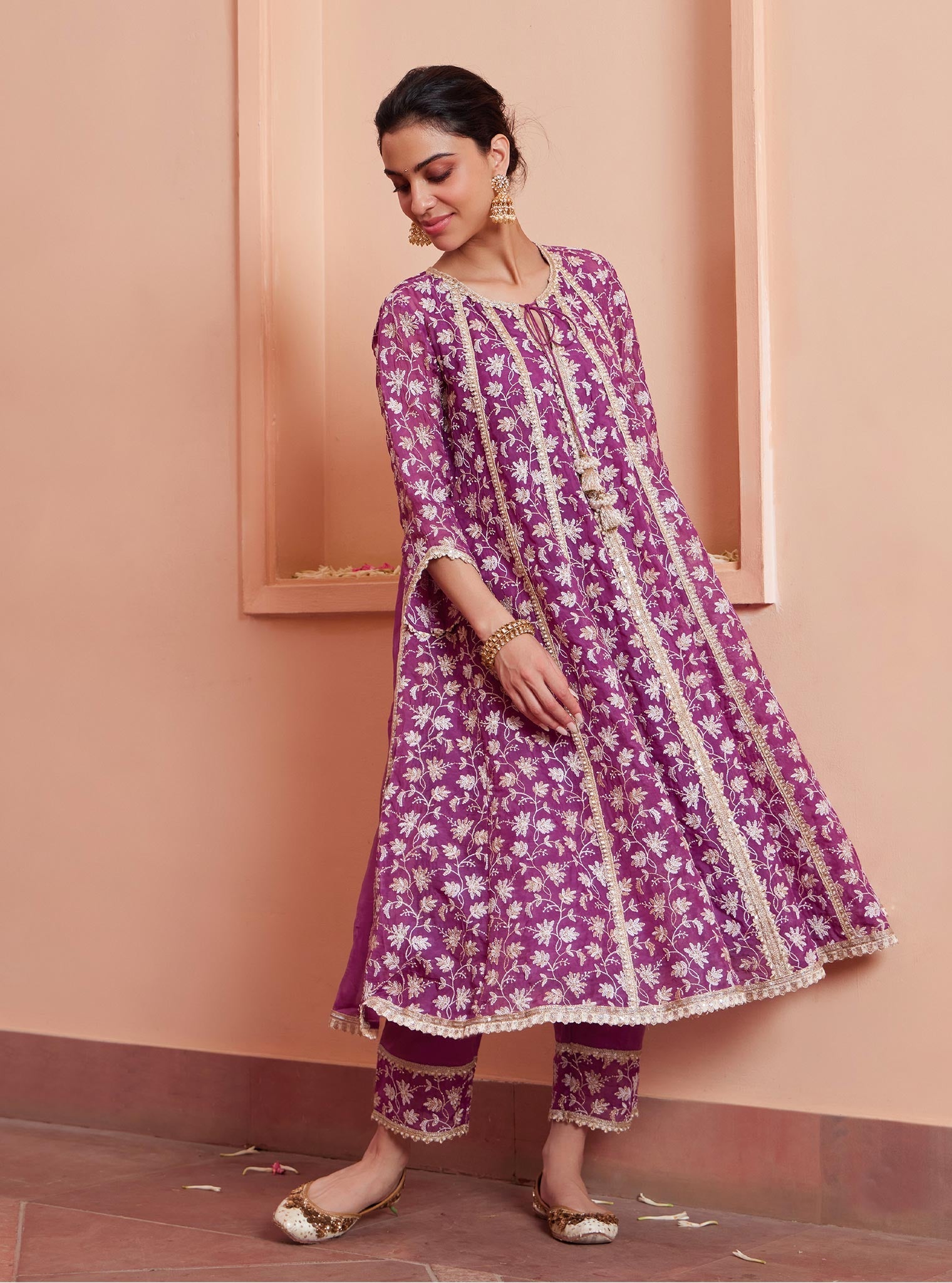 Mulmul Organza Jivya Anarkali Lilac Kurta with Mulmul Pima Jivya Lilac Pant