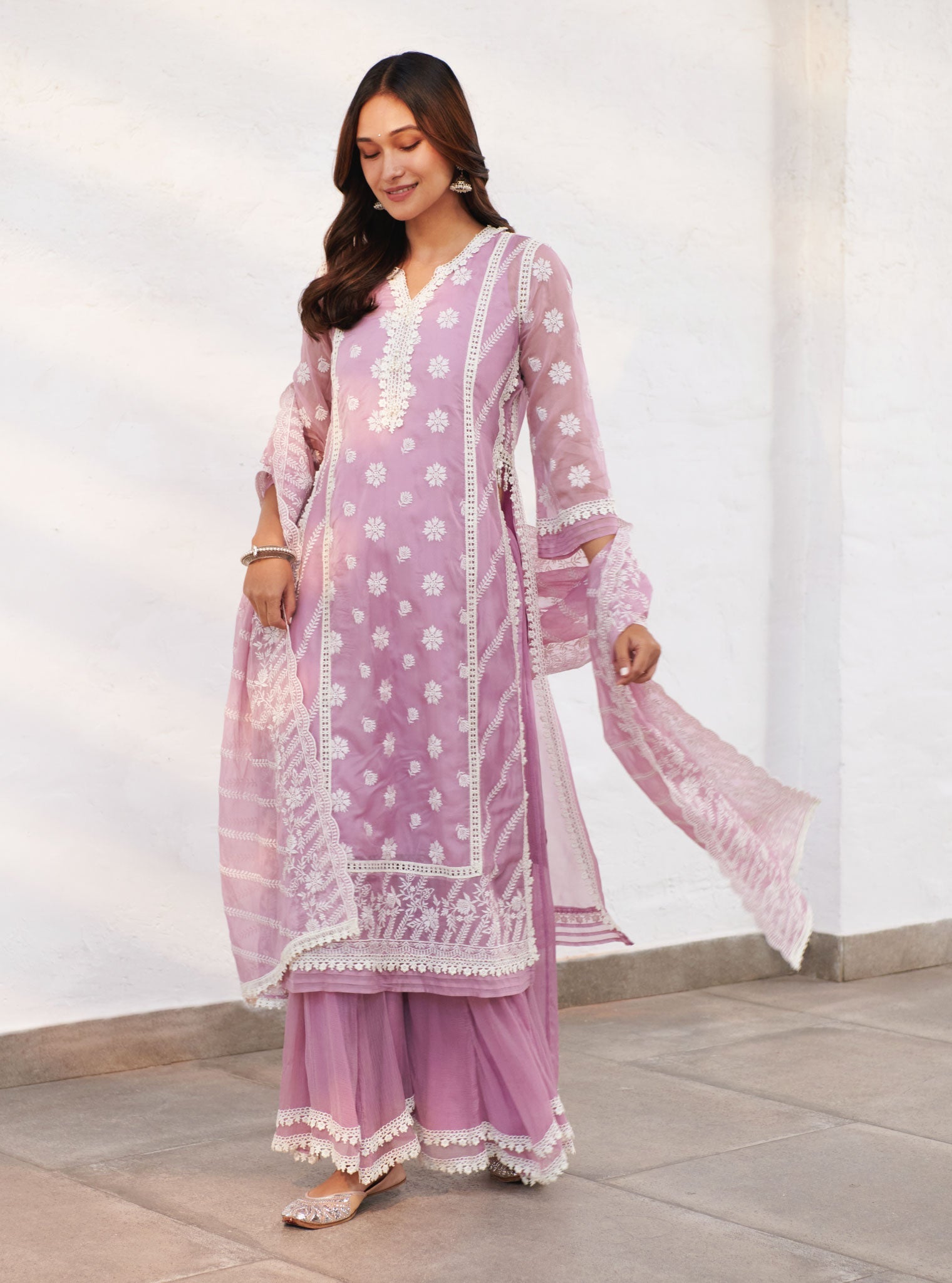 Mulmul Organza Armagh Lilac Kurta With Chiffon Armagh Lilac Sharara