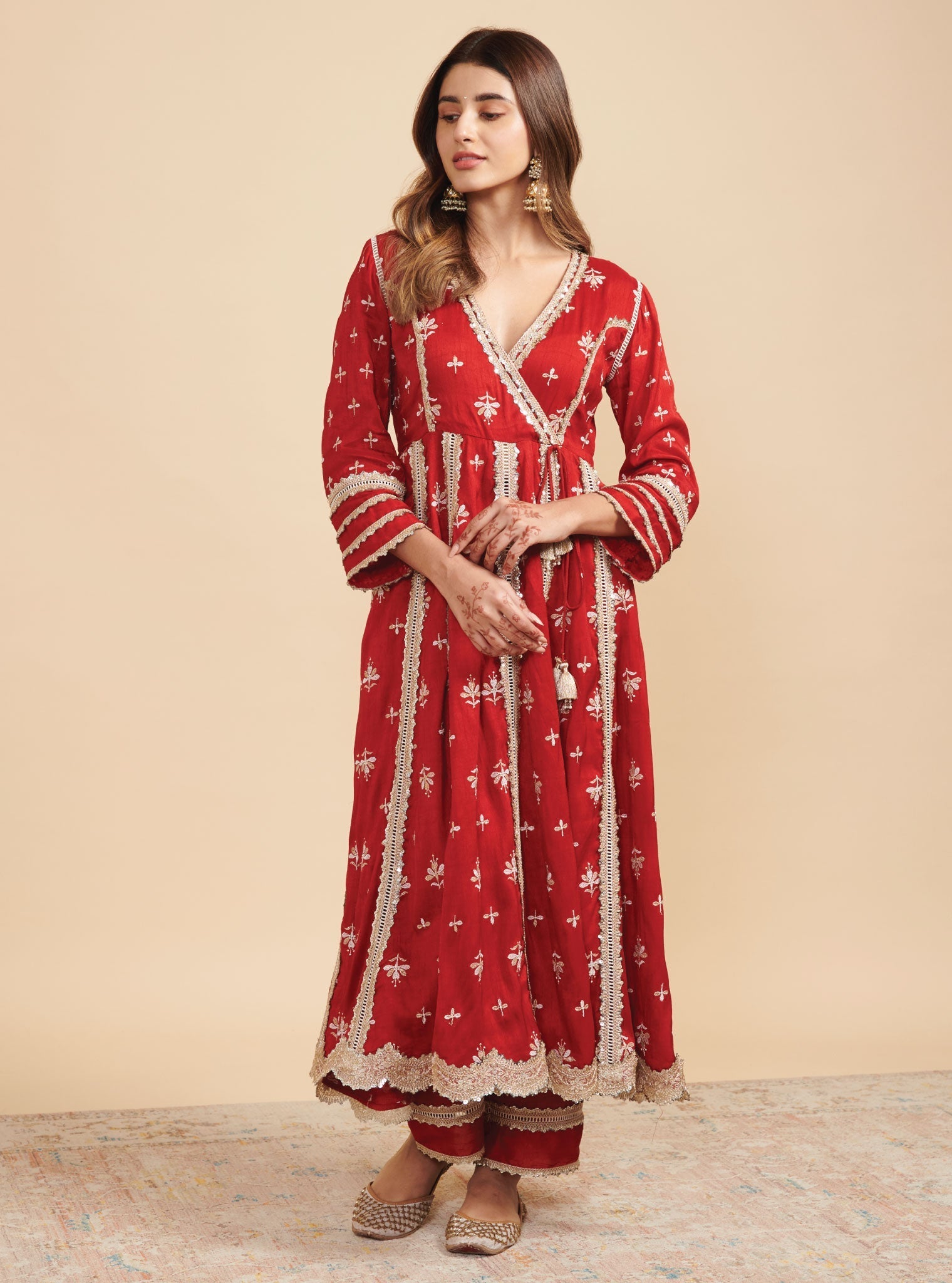 Mulmul Silk Khanak Anarkali Red Kurta With Mulmul Silk Khanak Red Pant