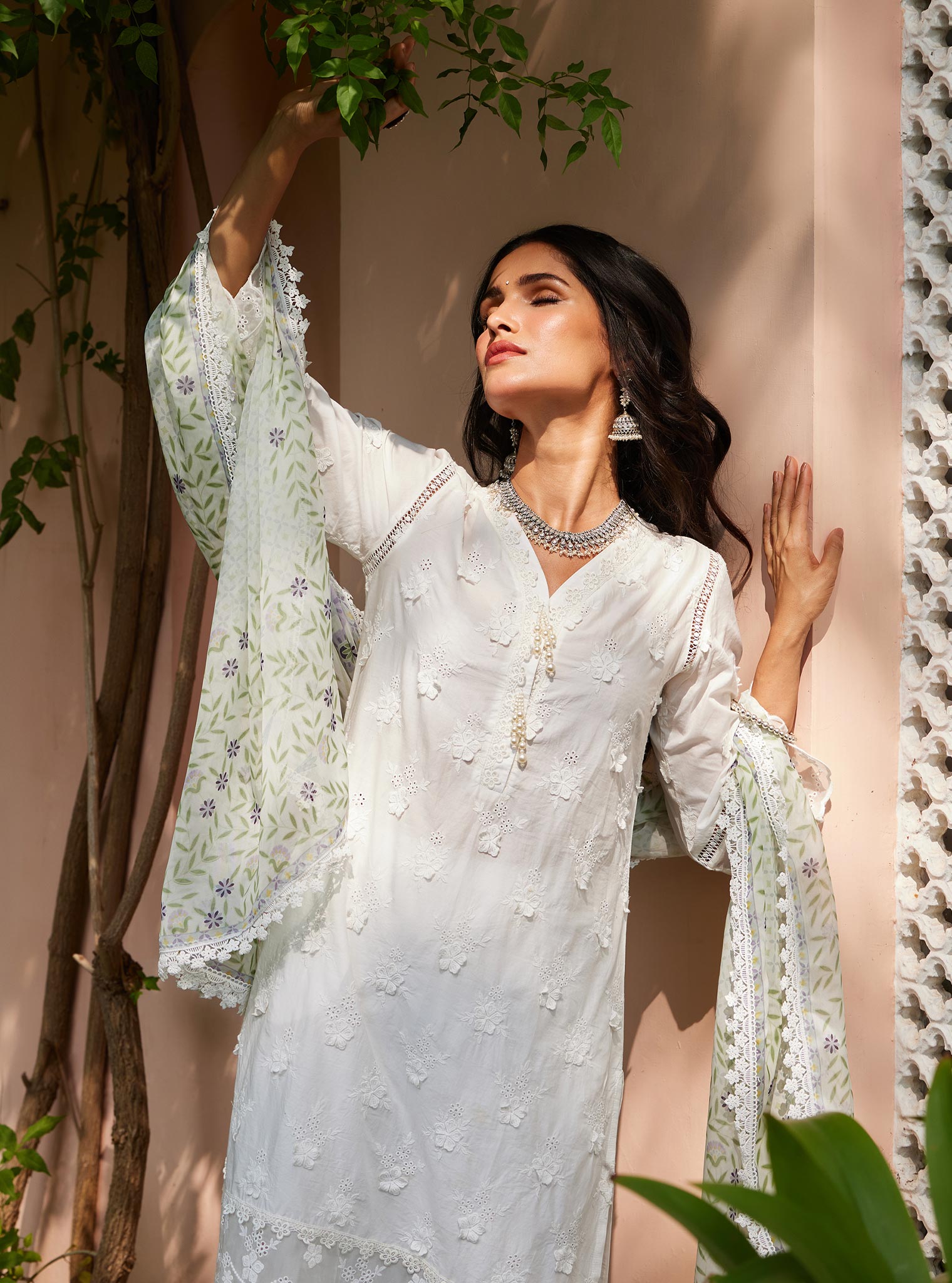 Mulmul Cotton Reeva Off White Kurta with Mulmul Cotton Reeva Off White Pant