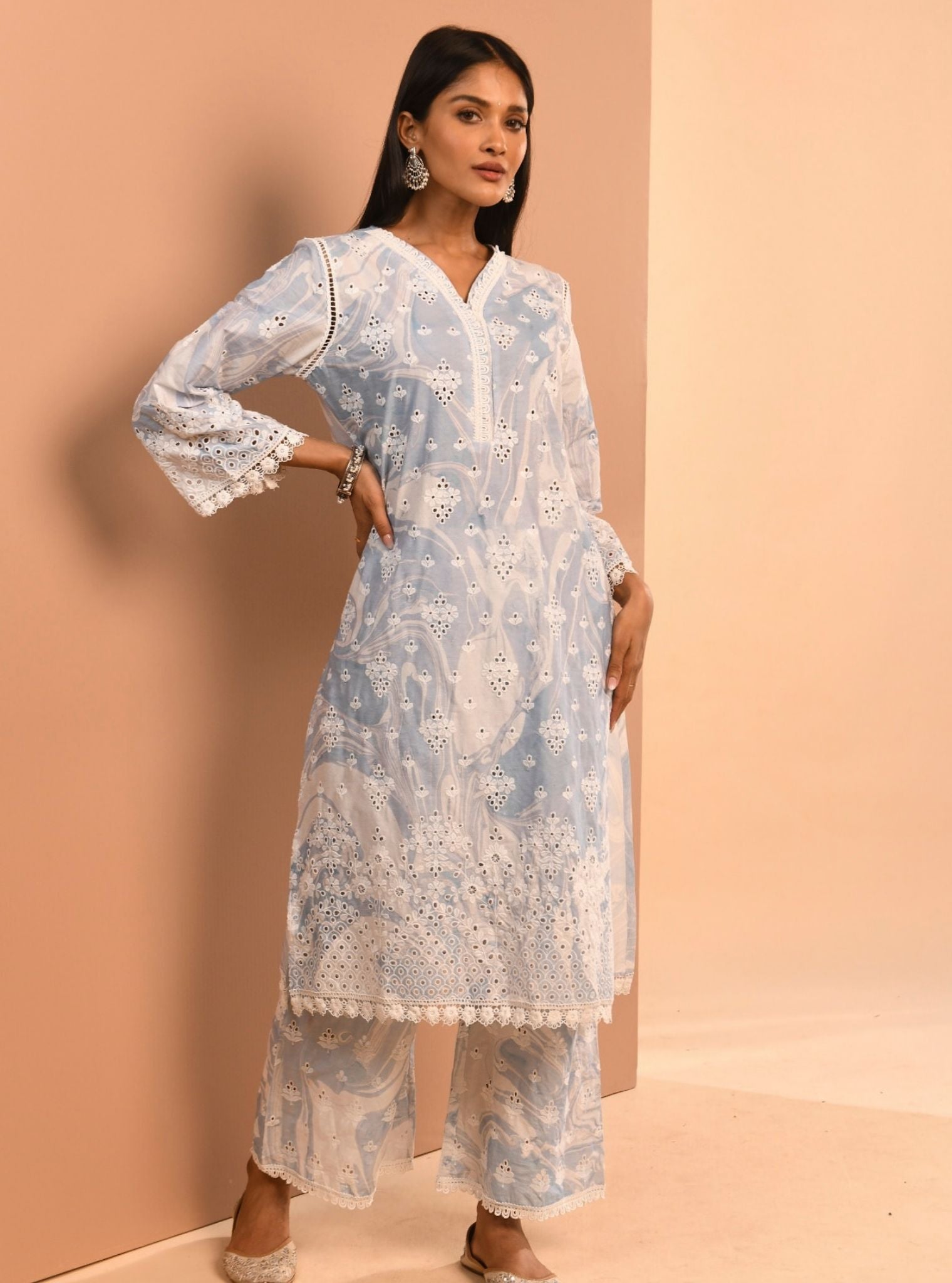 Mulmul Cotton Marble Opal Blue Kurta With Mulmul Marbel Opal Blue Pant