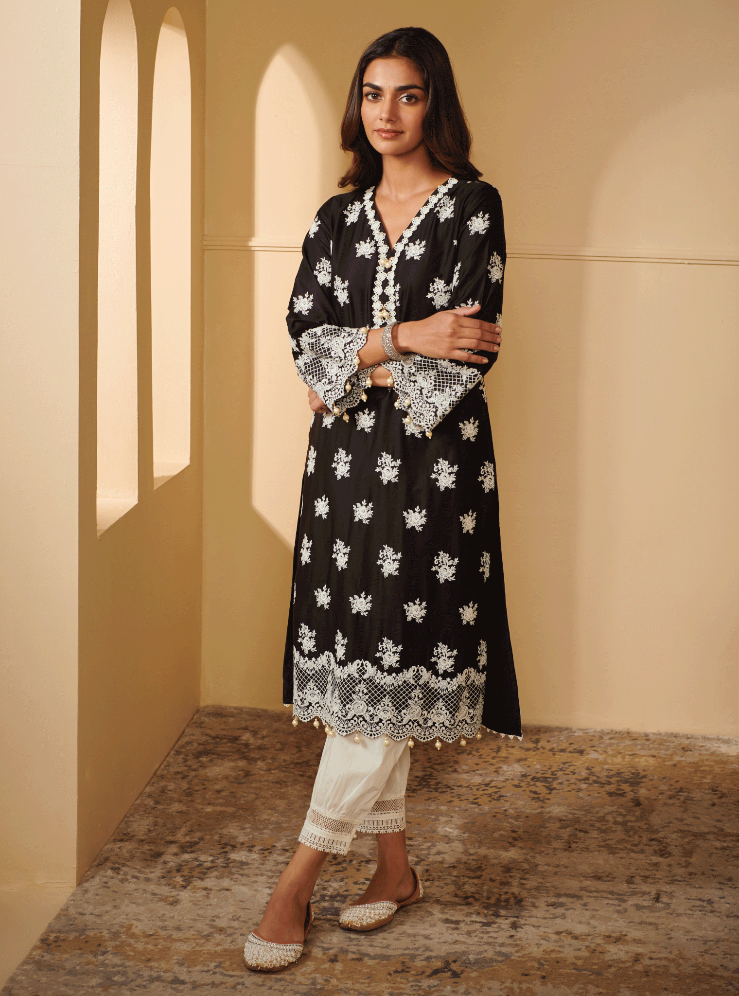 Mulmul Pima Satin Penna Black Kurta With Mulmul Cotton Harem White Pant