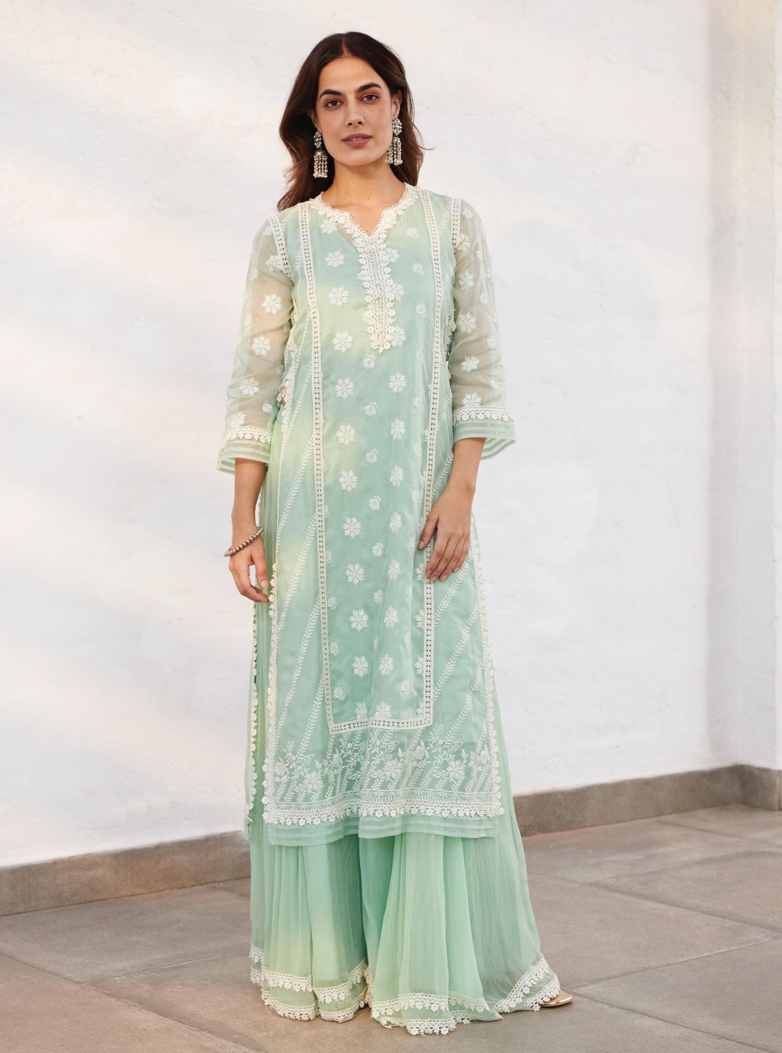 Mulmul Organza Armagh Green Kurta With Chiffon Armagh Green Sharara