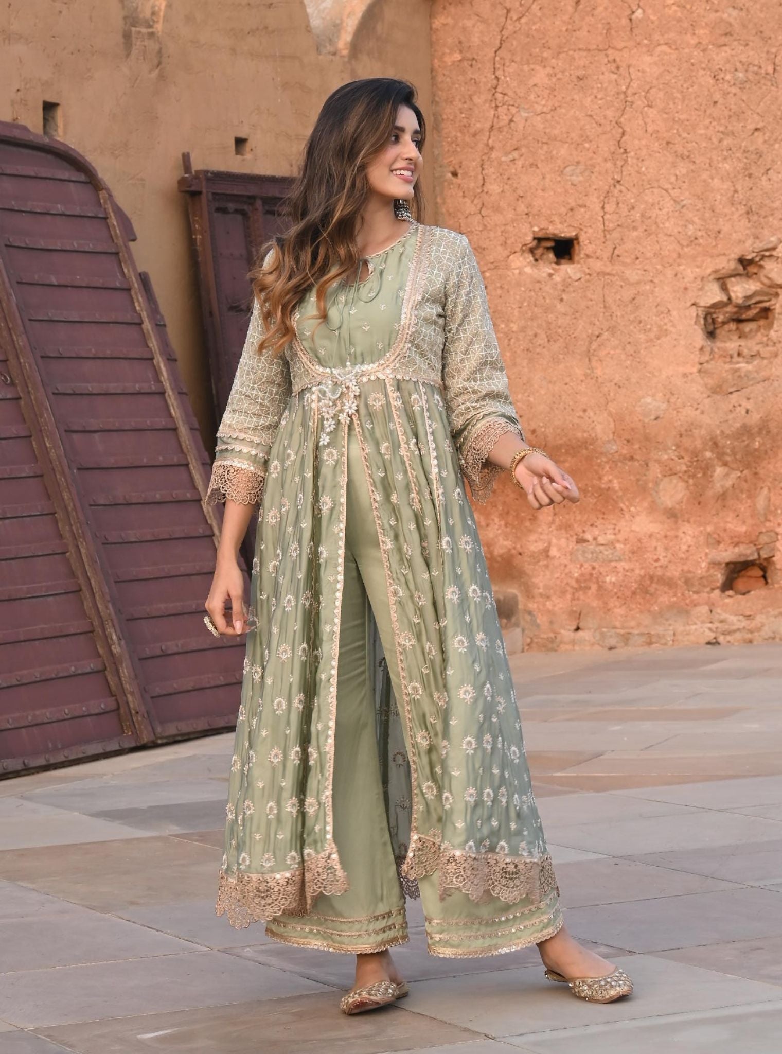 Mulmul Organza Satin Navrai Sage Green Anarkali Kurta with Mulmul Modal Satin Navrai Sage Green Pant