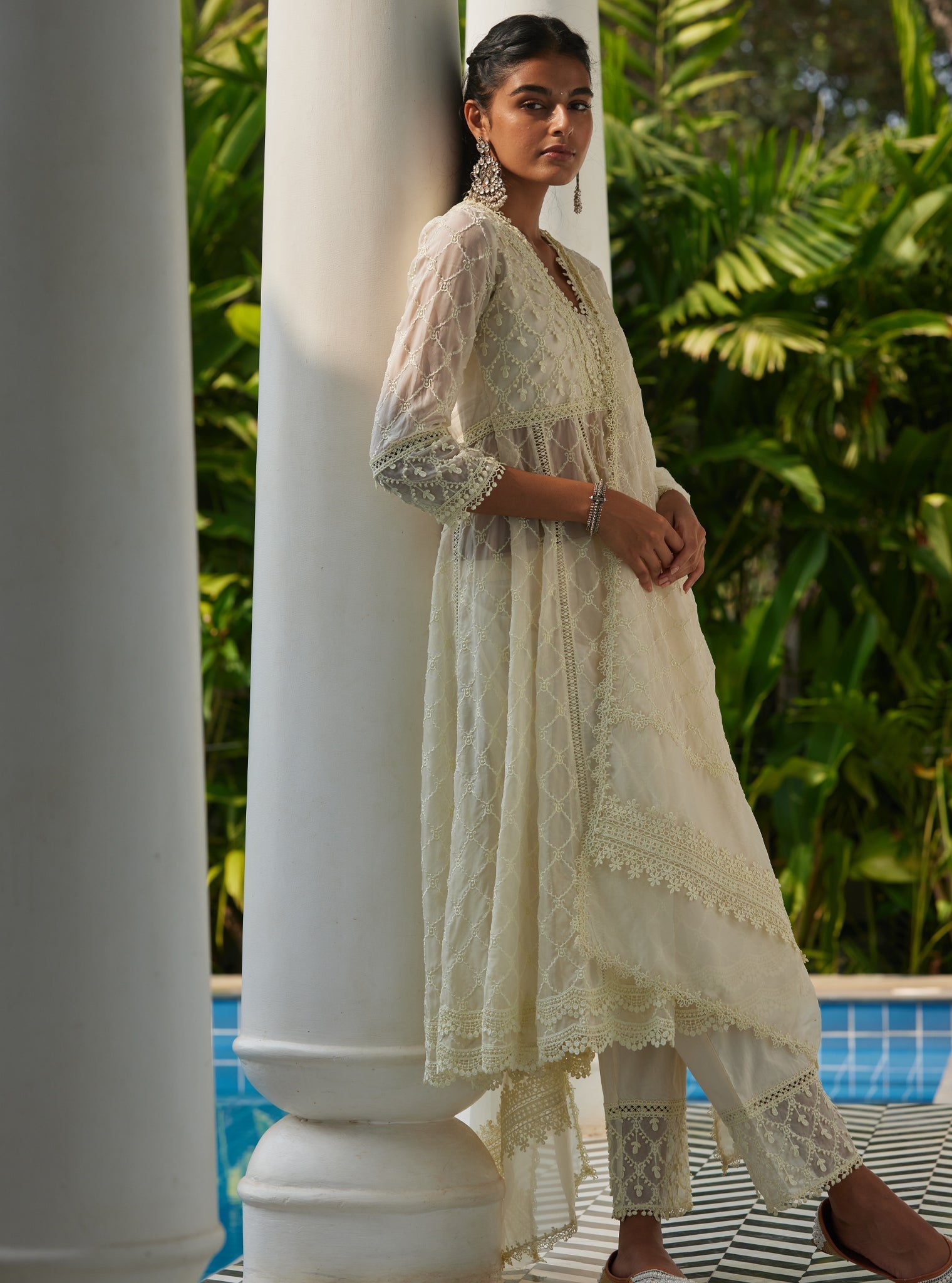 Mulmul Organza Anarkali Dori White Kurta With Mulmul Cotton Dori White Pant