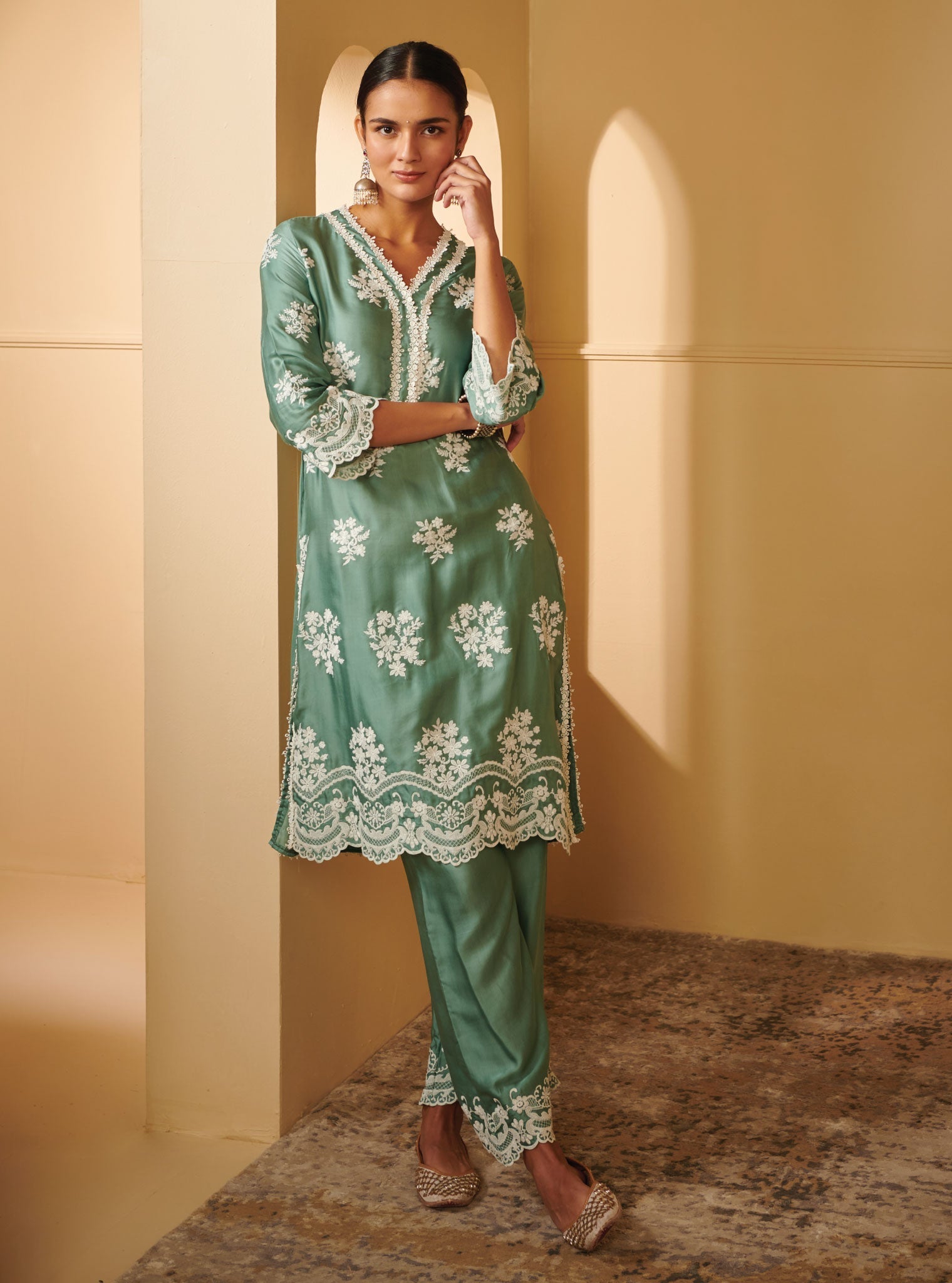 Mulmul Cupro Silk Nitha Teal Kurta With Nitha Teal Pant