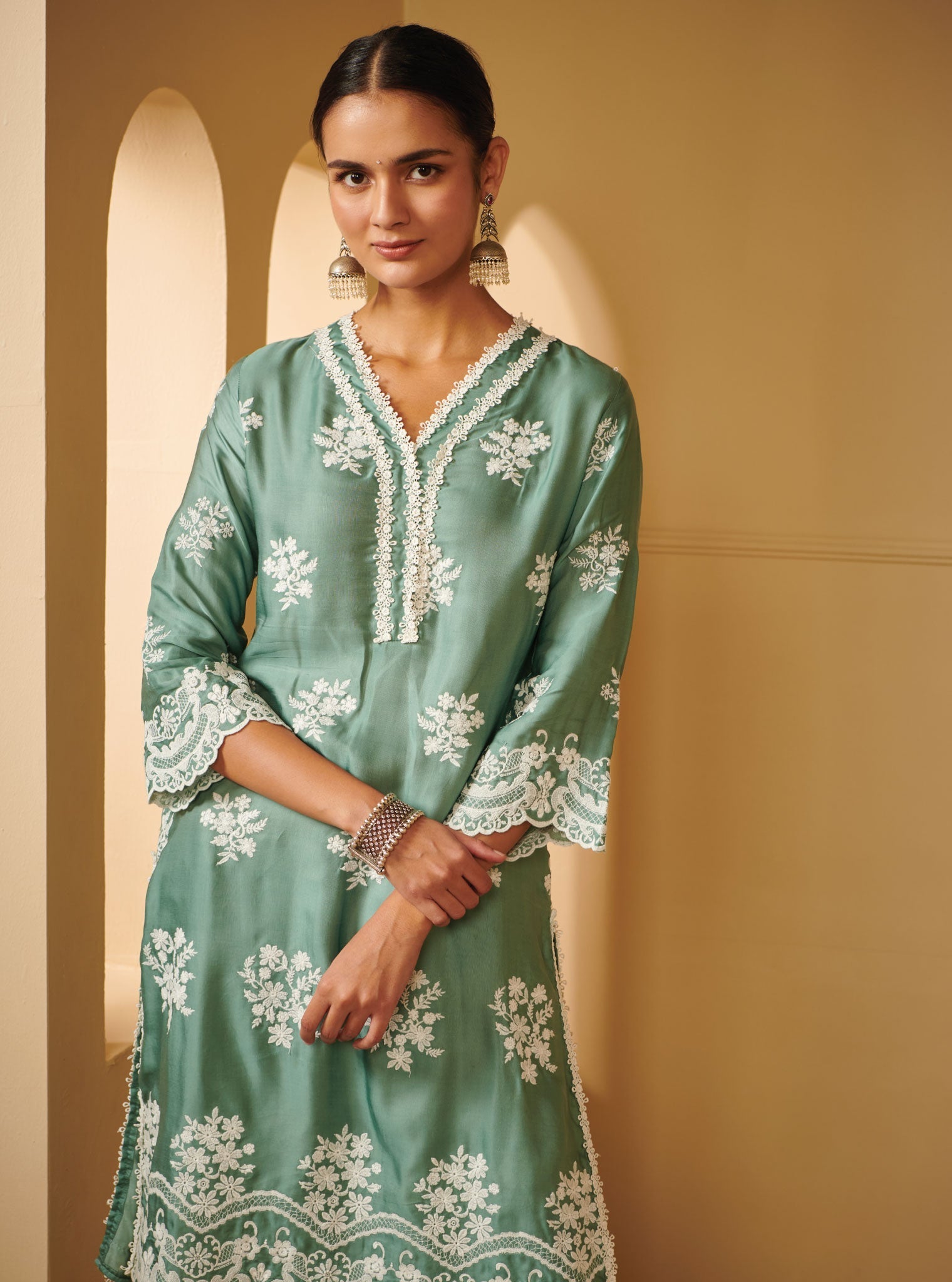 Mulmul Cupro Silk Nitha Teal Kurta With Nitha Teal Pant