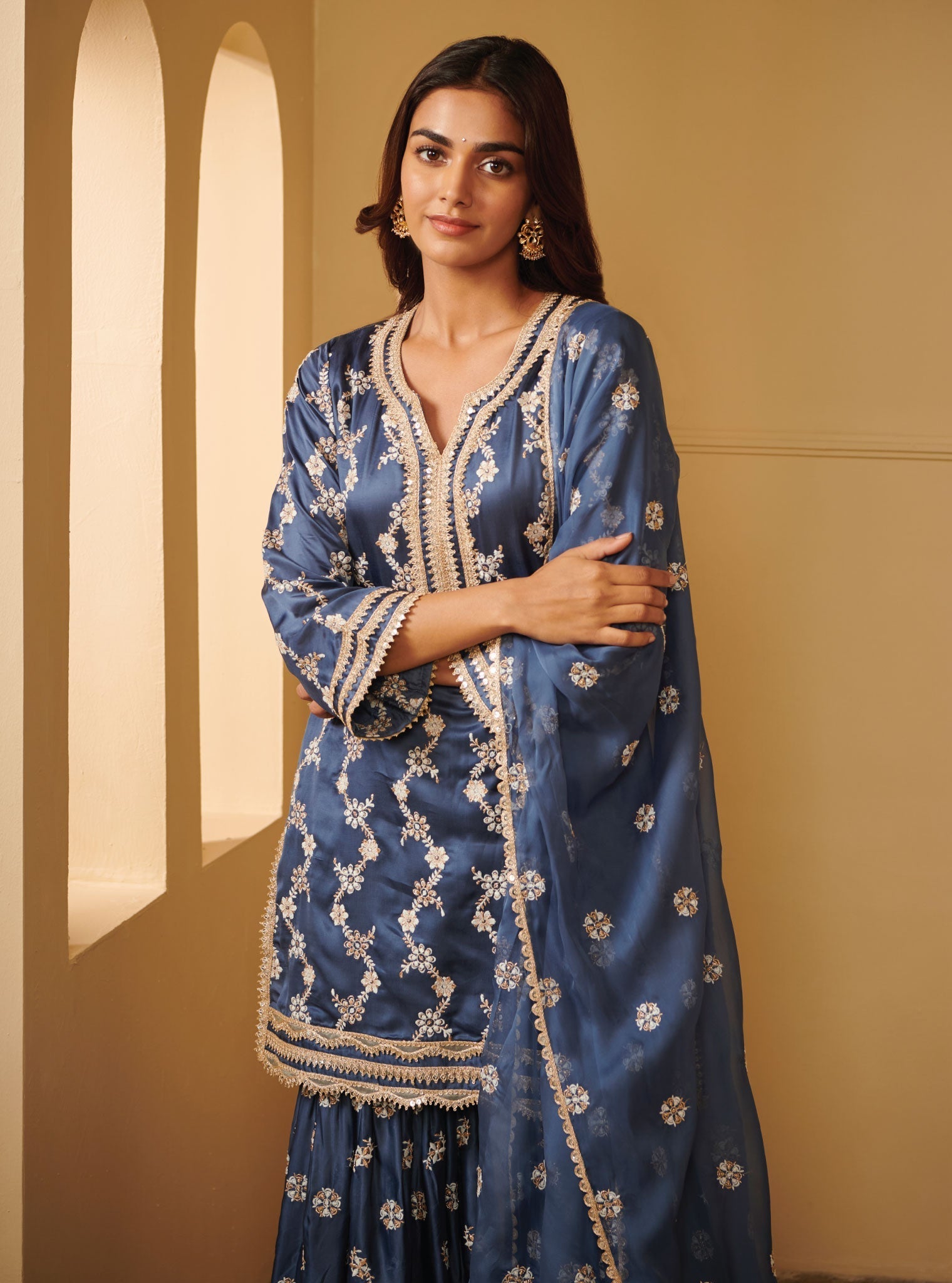 Mulmul Cupro Silk Avinya Blue Kurta With Avinya Blue Garara