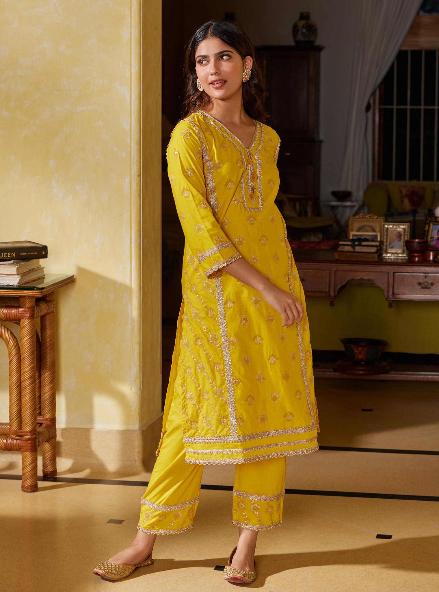 Mulmul Cotton Titli Yellow Kurta with Mulmul Cotton Titli Yellow Pant