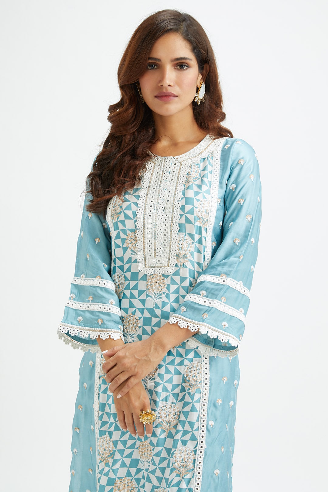 Mulmul Cupro silk Addle Teal Kurta With Addle Teal Pant