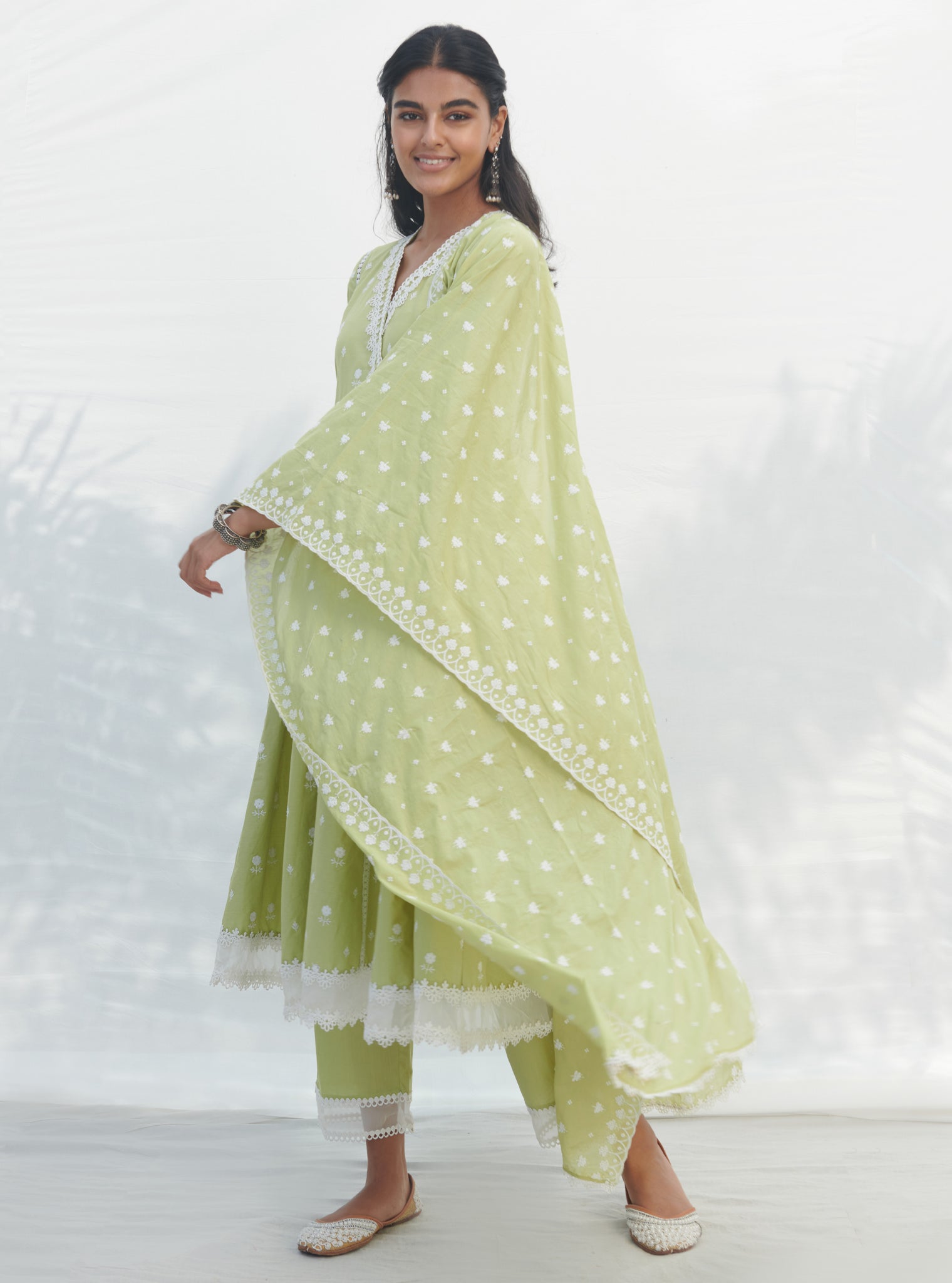 Mulmul Cotton Arambol Anarkali Lime Kurta With Mulmul Cotton Arambol Lime Pant